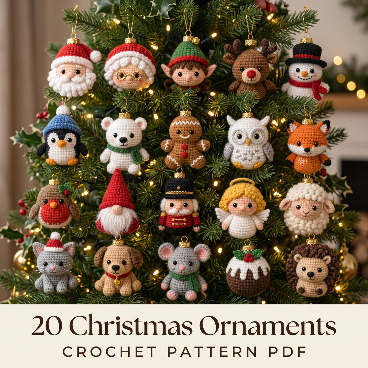 20 Christmas Crochet Ornament Patterns PDF, Amigurumi Bauble Set, Santa, Reindeer, Snowman, Gnome, Beginner, No Abbreviations