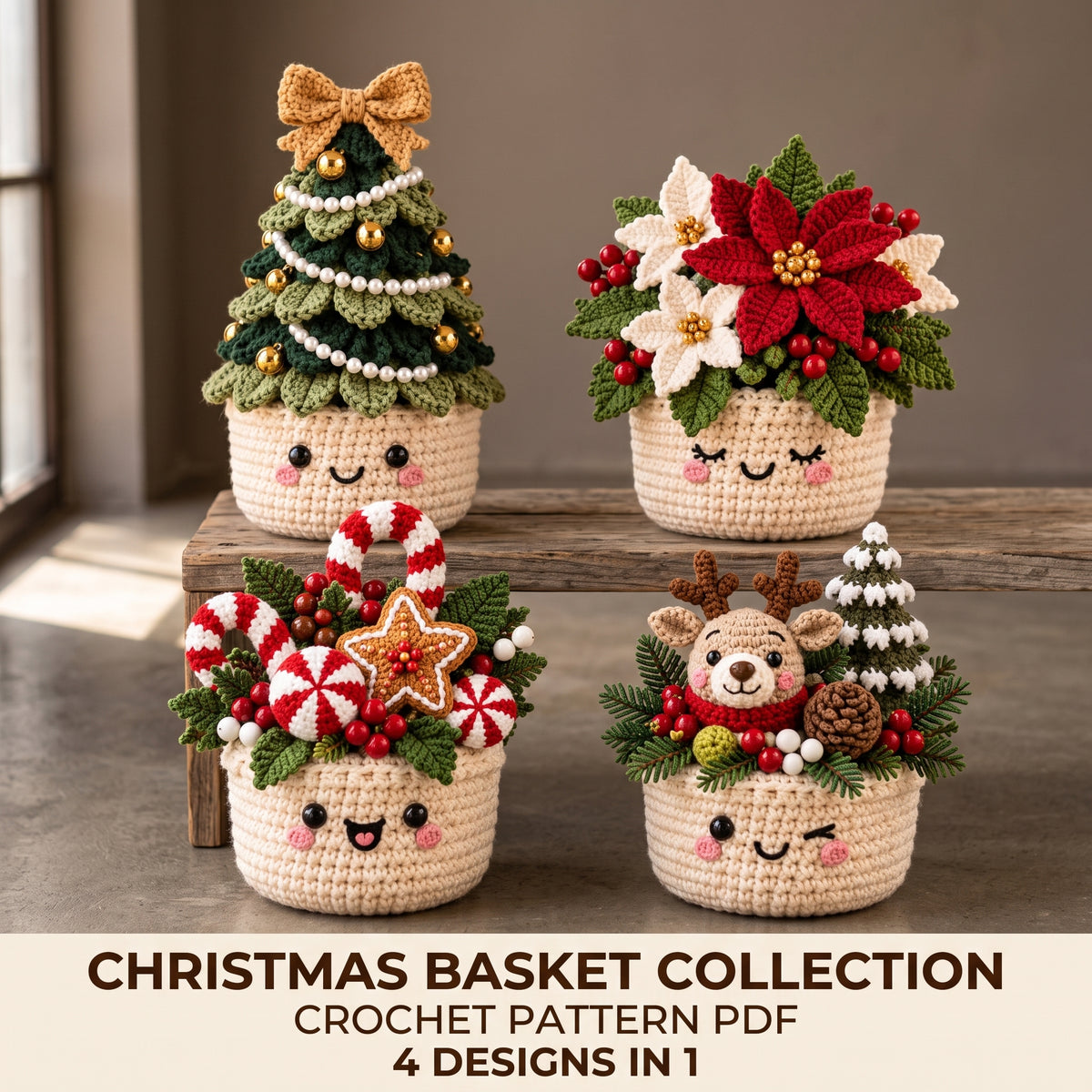 Christmas Crochet Pattern Bundle, 4 in 1 Christmas Basket Pots, Tree, Poinsettia, Candy Cane and Reindeer, PDF