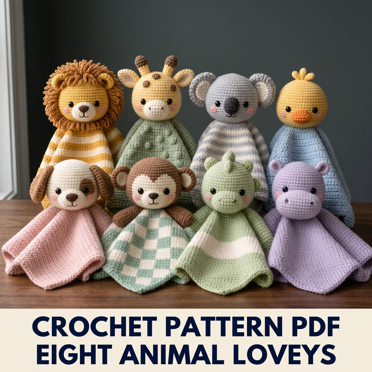 8 Animal Loveys Crochet Pattern Bundle PDF – Lion Giraffe Koala Duck Puppy Monkey Dino Hippo, 3 Sizes Each