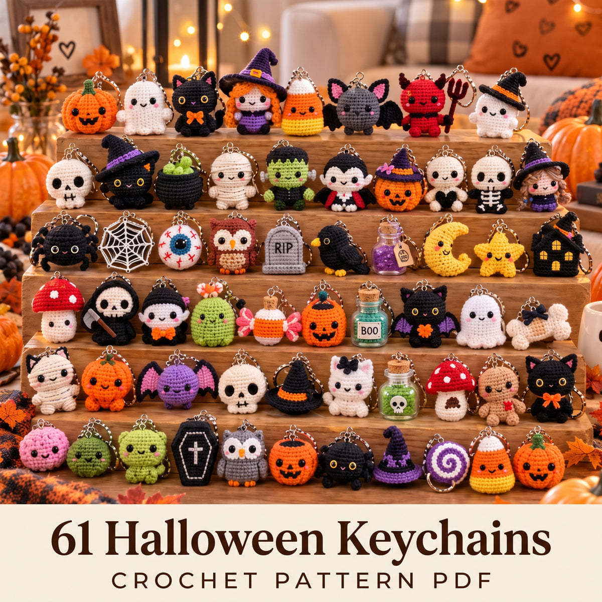 Halloween Amigurumi Keychains Pattern Ebook, 61 Tiny Crochet Designs, Bag Charms and Craft Fair Makes, US Terms PDF