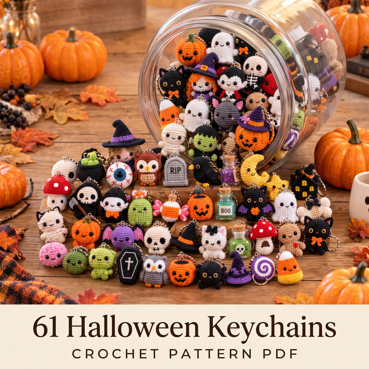 Halloween Amigurumi Keychains Pattern Ebook, 61 Tiny Crochet Designs, Bag Charms and Craft Fair Makes, US Terms PDF