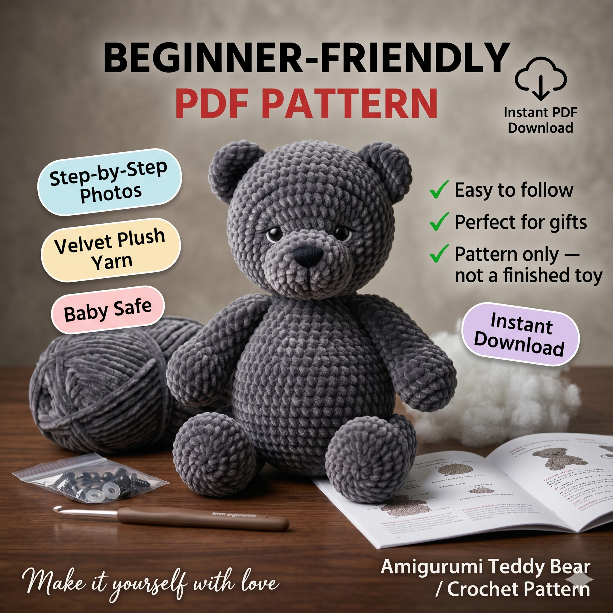 Amigurumi Teddy Bear Crochet Pattern | Plush Stuffed Animal Toy PDF