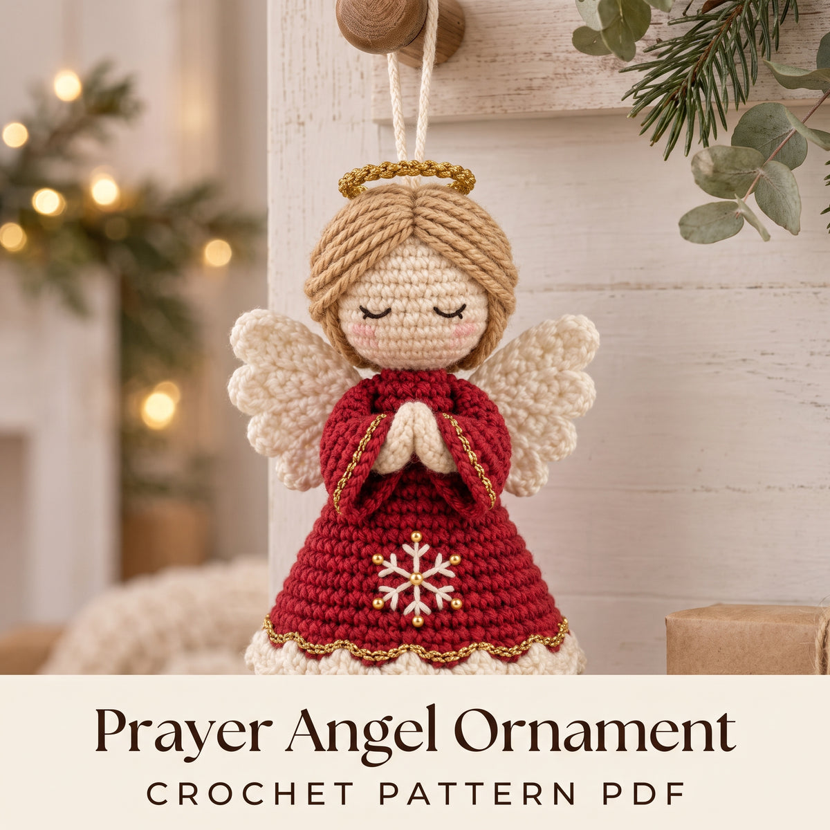 Crochet Angel Ornament Pattern PDF, Amigurumi Christmas Angel with Prayer Hands, Sage and Gold Tree Ornament