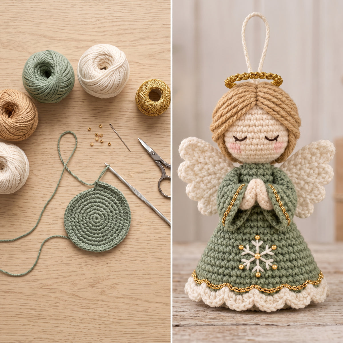 Crochet Angel Ornament Pattern PDF, Amigurumi Christmas Angel with Prayer Hands, Sage and Gold Tree Ornament