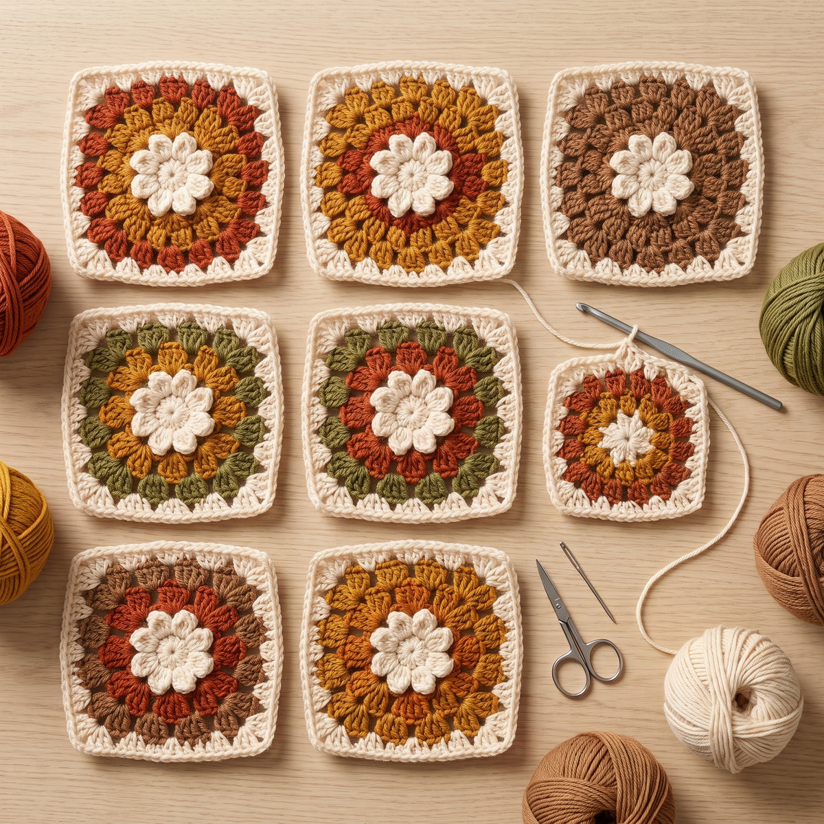 Granny Square Blanket Crochet Pattern | Autumn Flower Squares with Scalloped Border | Scrap Friendly | Instant Download PDF