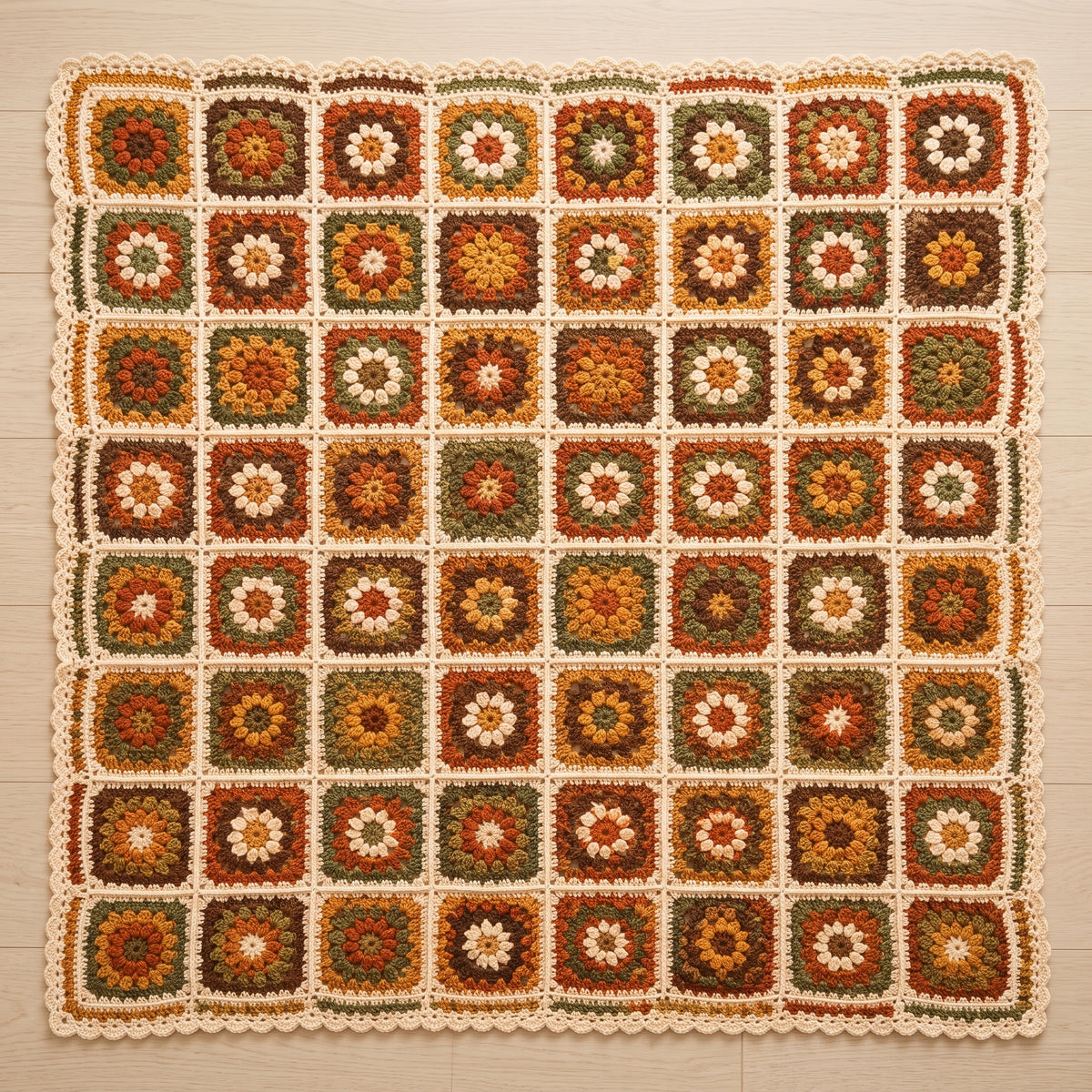 Granny Square Blanket Crochet Pattern | Autumn Flower Squares with Scalloped Border | Scrap Friendly | Instant Download PDF