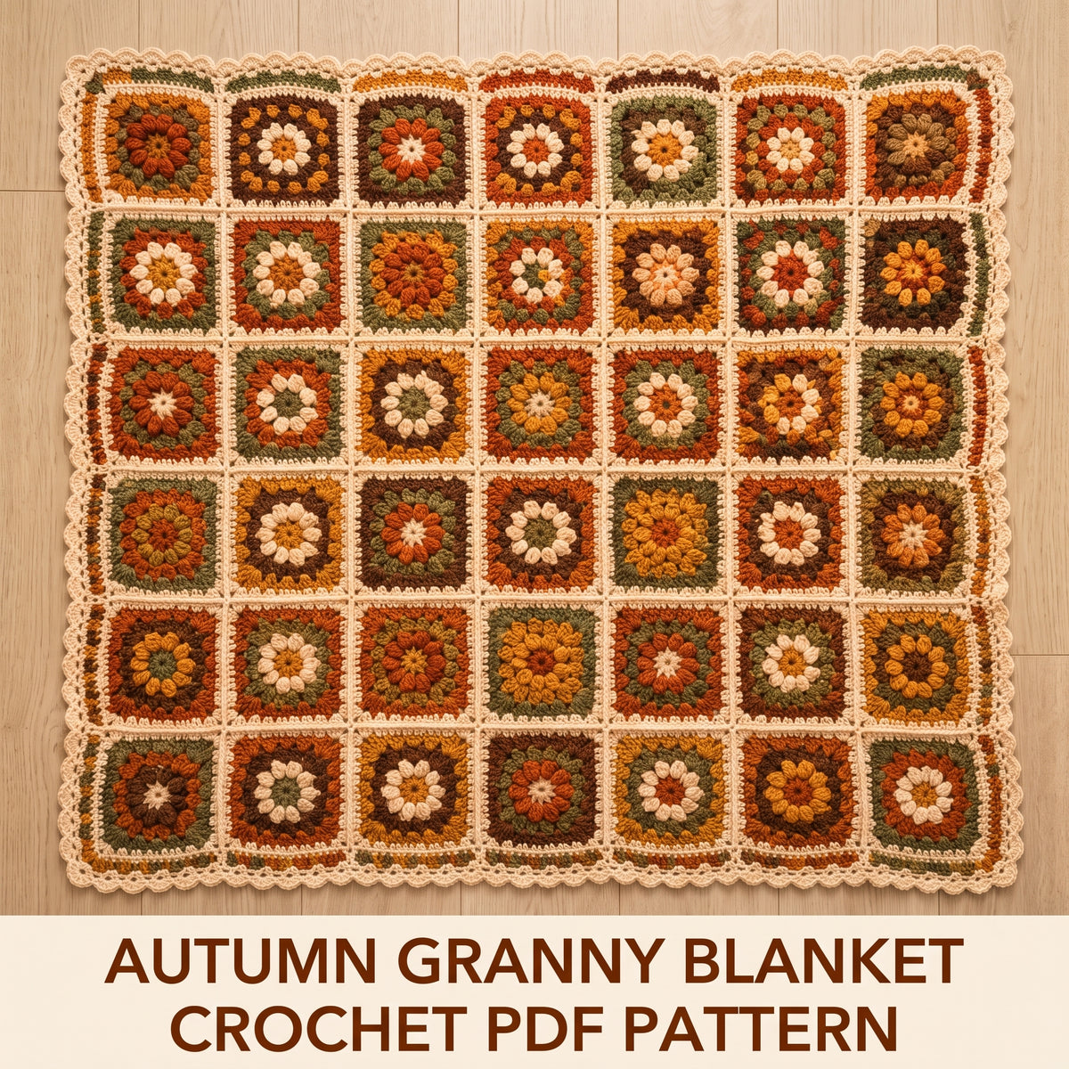 Granny Square Blanket Crochet Pattern | Autumn Flower Squares with Scalloped Border | Scrap Friendly | Instant Download PDF