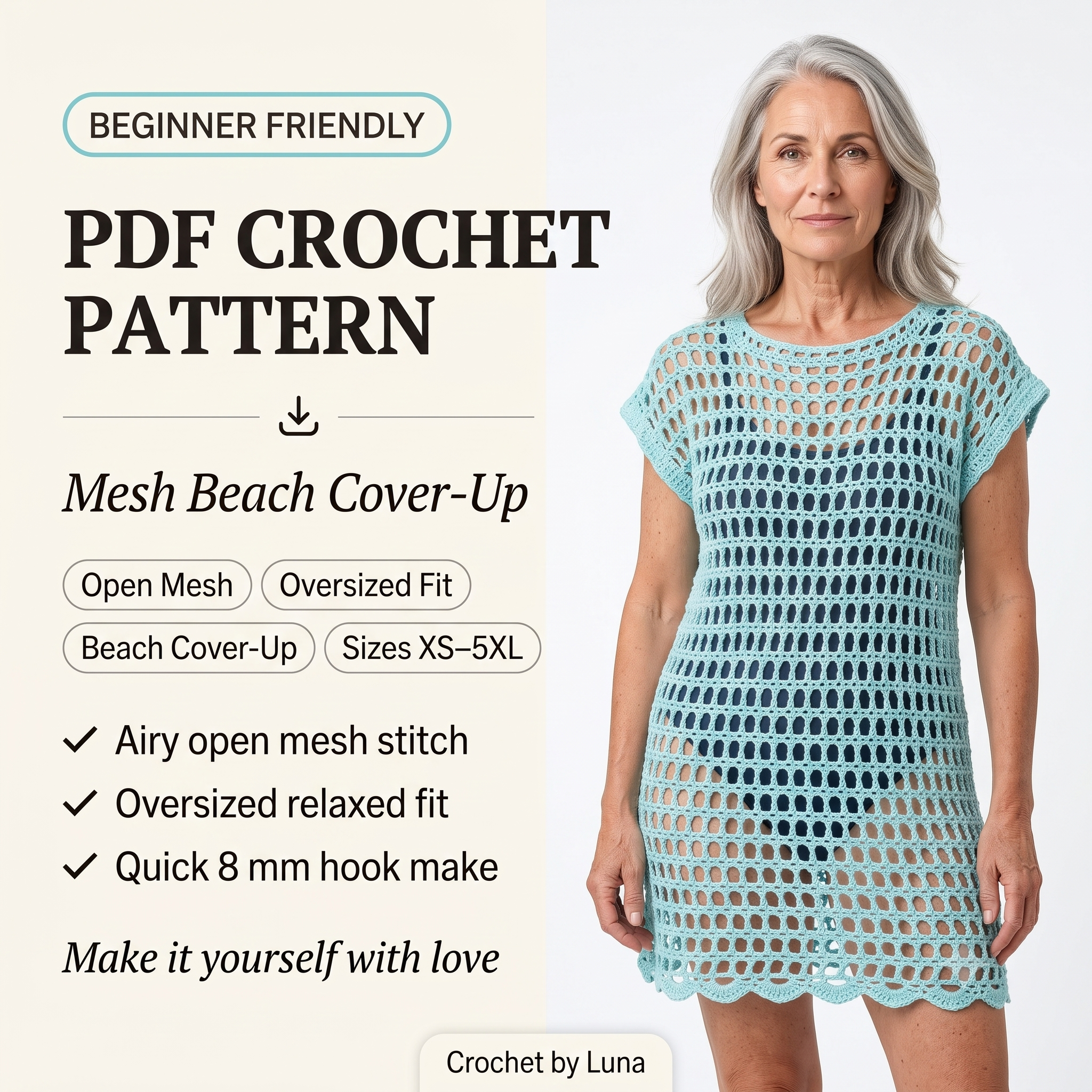 Mesh Beach Cover-Up โ Crochet Pattern (PDF) | Oversized Beach Dress XSโ5XL