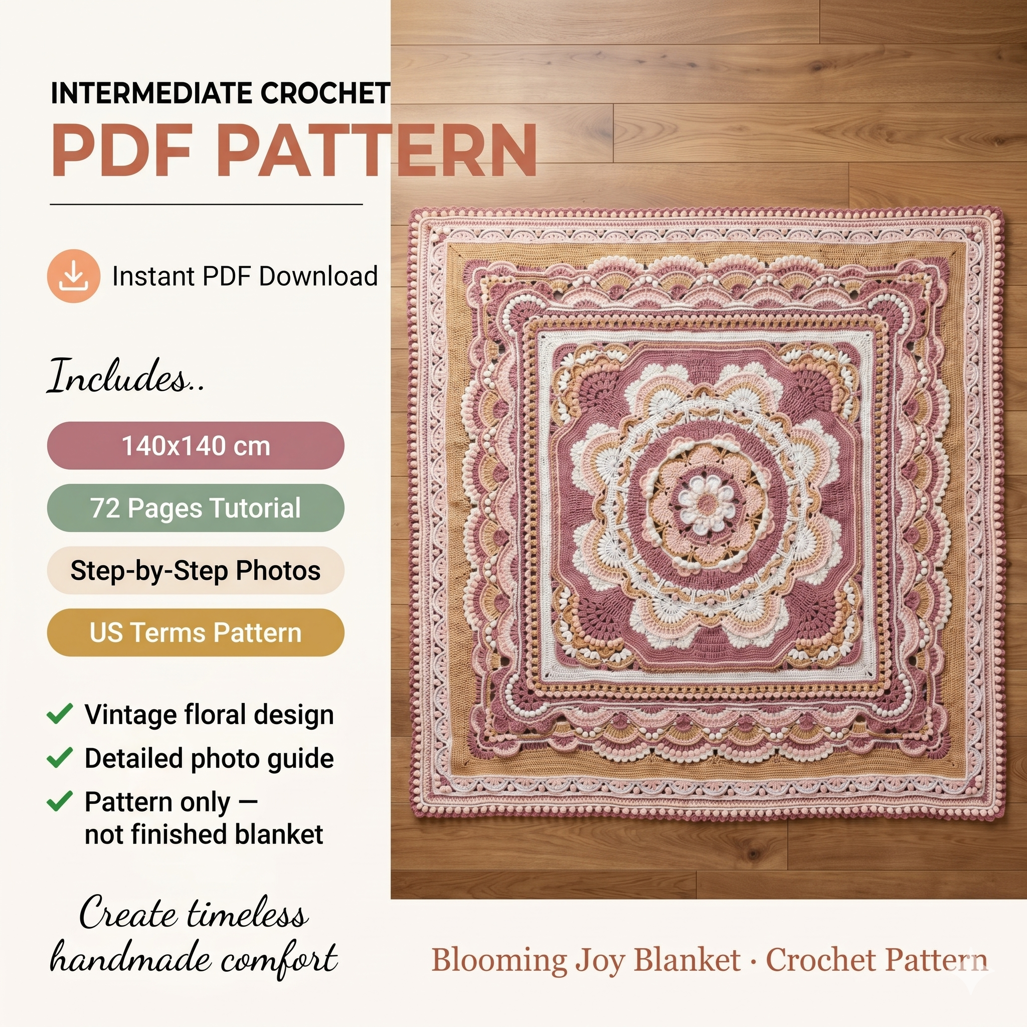 Blooming Joy Crochet Blanket Pattern: Vintage Vibe Photo Tutorial (PDF)
