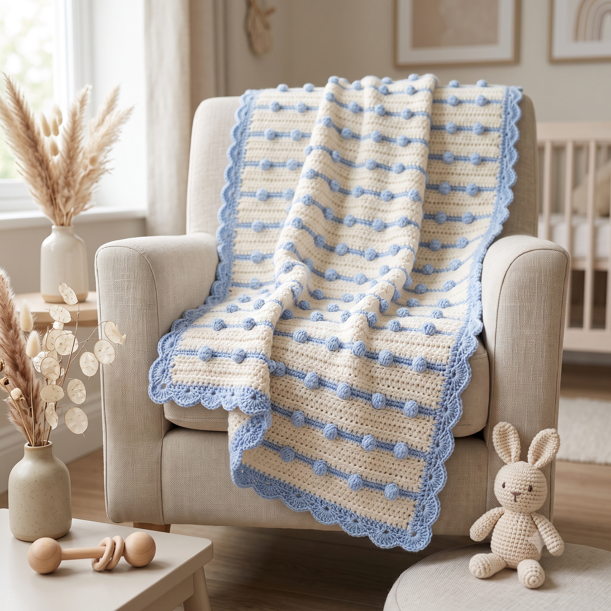 Crochet Bobble Baby Blanket Pattern PDF, Textured Polka Dot Blanket, Shell Border, Easy Download, Baby Shower Gift, US Terms