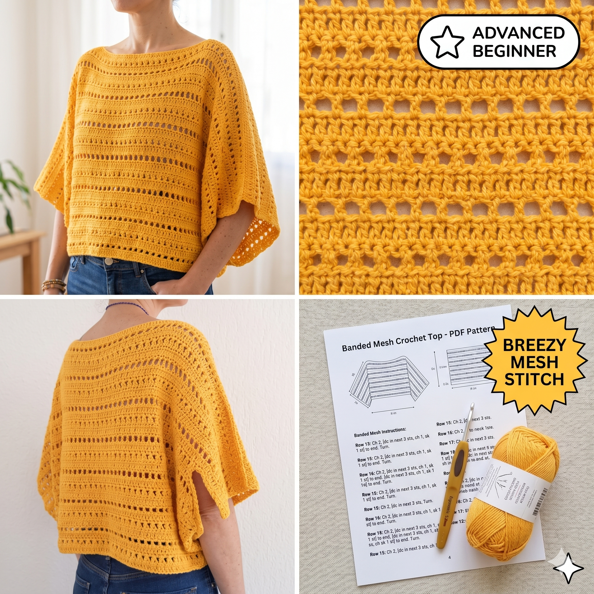 Boho Crochet Top Pattern, Summer Mesh Sweater, Oversized Festival Breeze Top PDF, Beginner Friendly