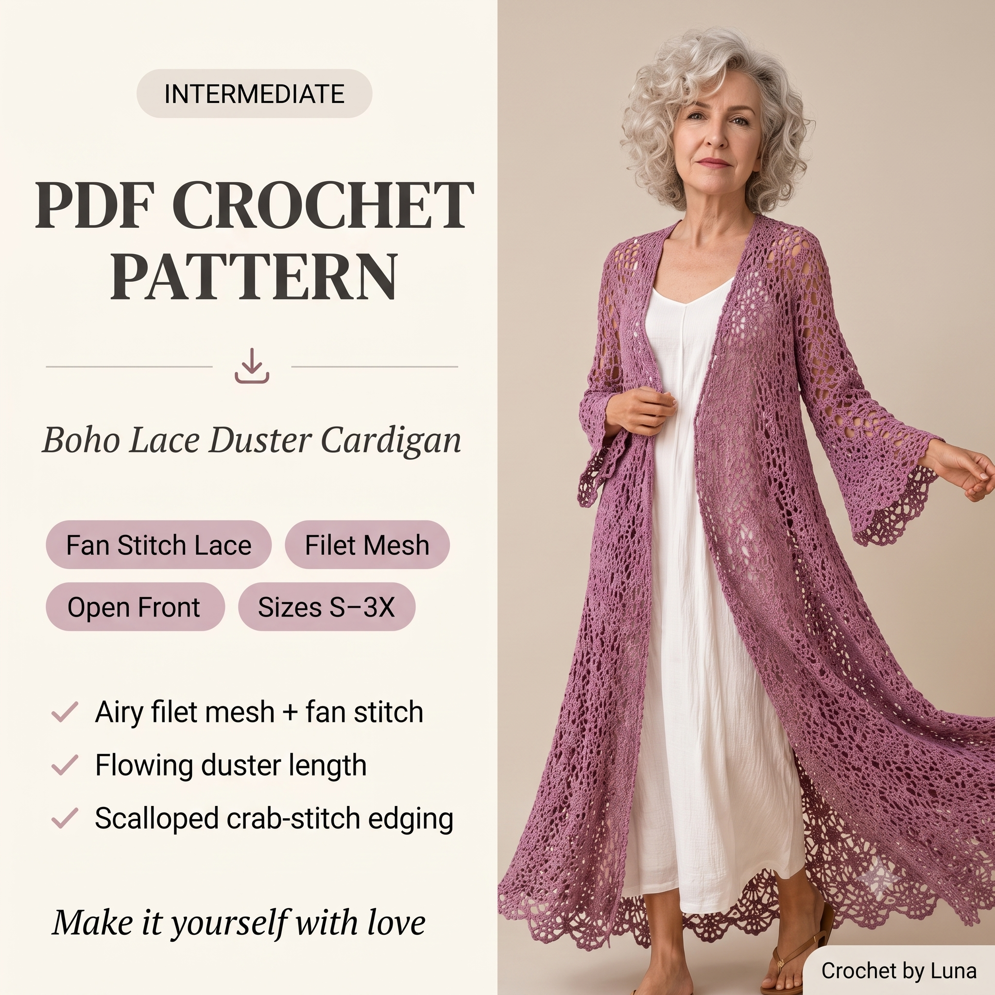 Boho Lace Duster Cardigan โ Crochet Pattern (PDF) | Longline Filet Mesh Cardigan