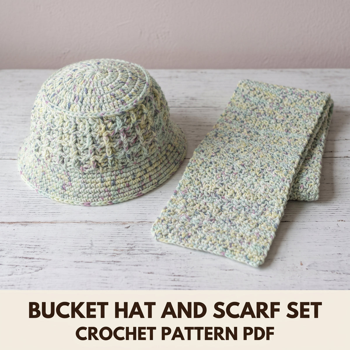 Bucket Hat and Scarf Crochet Pattern PDF, Textured Cluster Hat and Matching Scarf Set, Speckled Yarn, 3 Hat Sizes