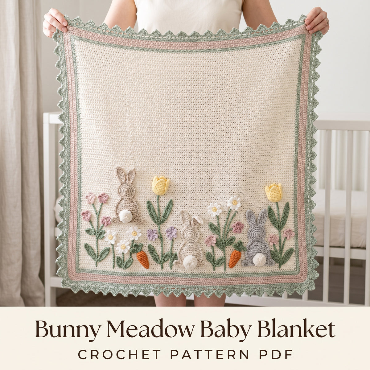 Bunny Baby Blanket Crochet Pattern PDF, 3D Bunnies and Flower Meadow Nursery Afghan, Easter Baby Shower Gift, Instant Download