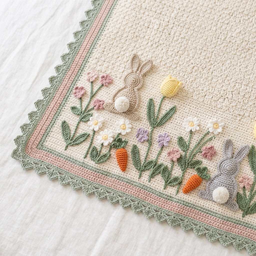Bunny Baby Blanket Crochet Pattern PDF, 3D Bunnies and Flower Meadow Nursery Afghan, Easter Baby Shower Gift, Instant Download