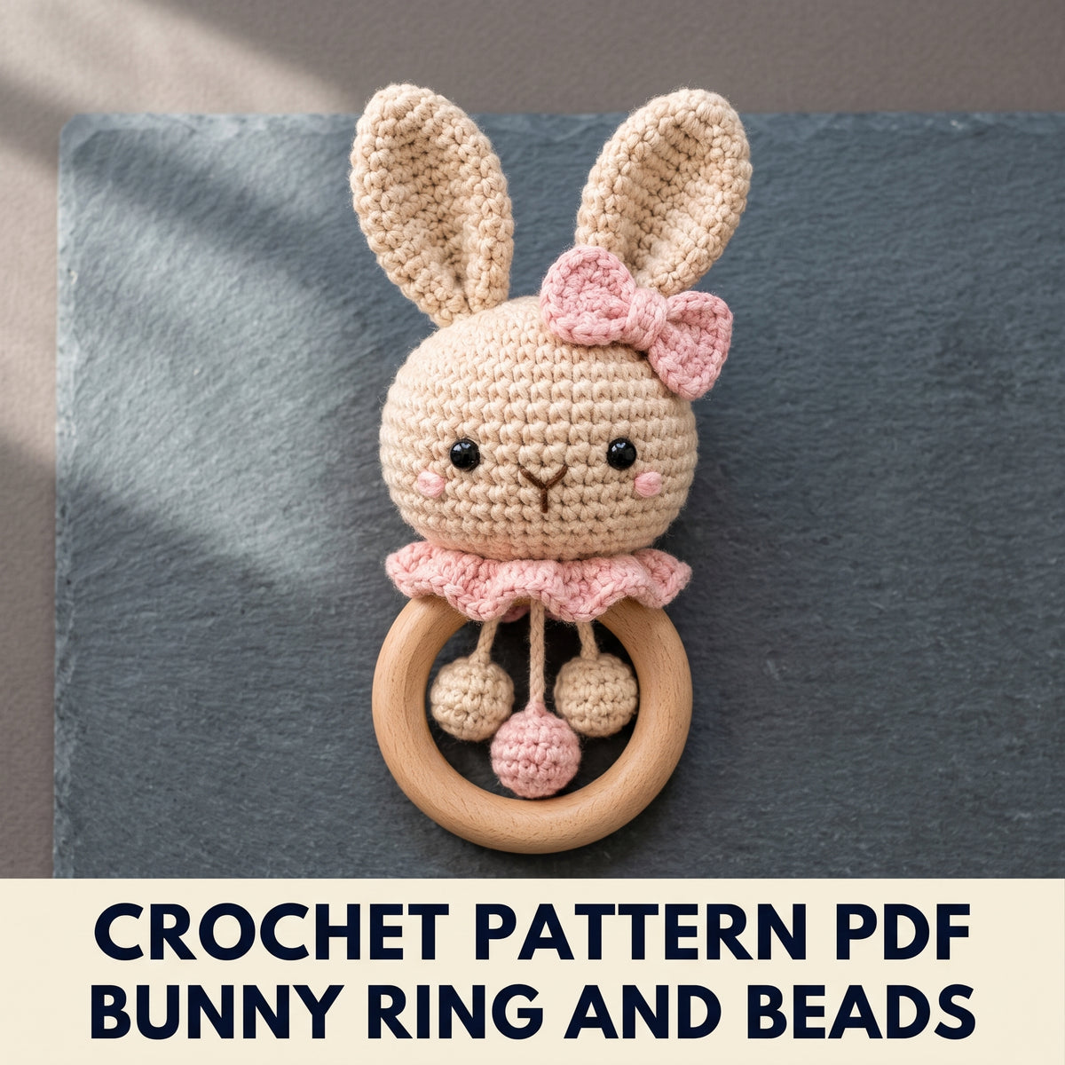 Bunny Baby Rattle Crochet Pattern PDF โ Amigurumi Bunny Head on Wooden Teething Ring with Hanging Beads