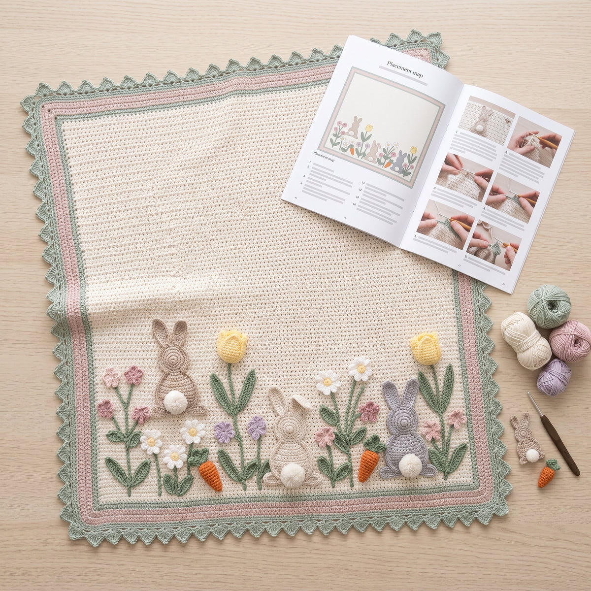 Bunny Baby Blanket Crochet Pattern PDF, 3D Bunnies and Flower Meadow Nursery Afghan, Easter Baby Shower Gift, Instant Download