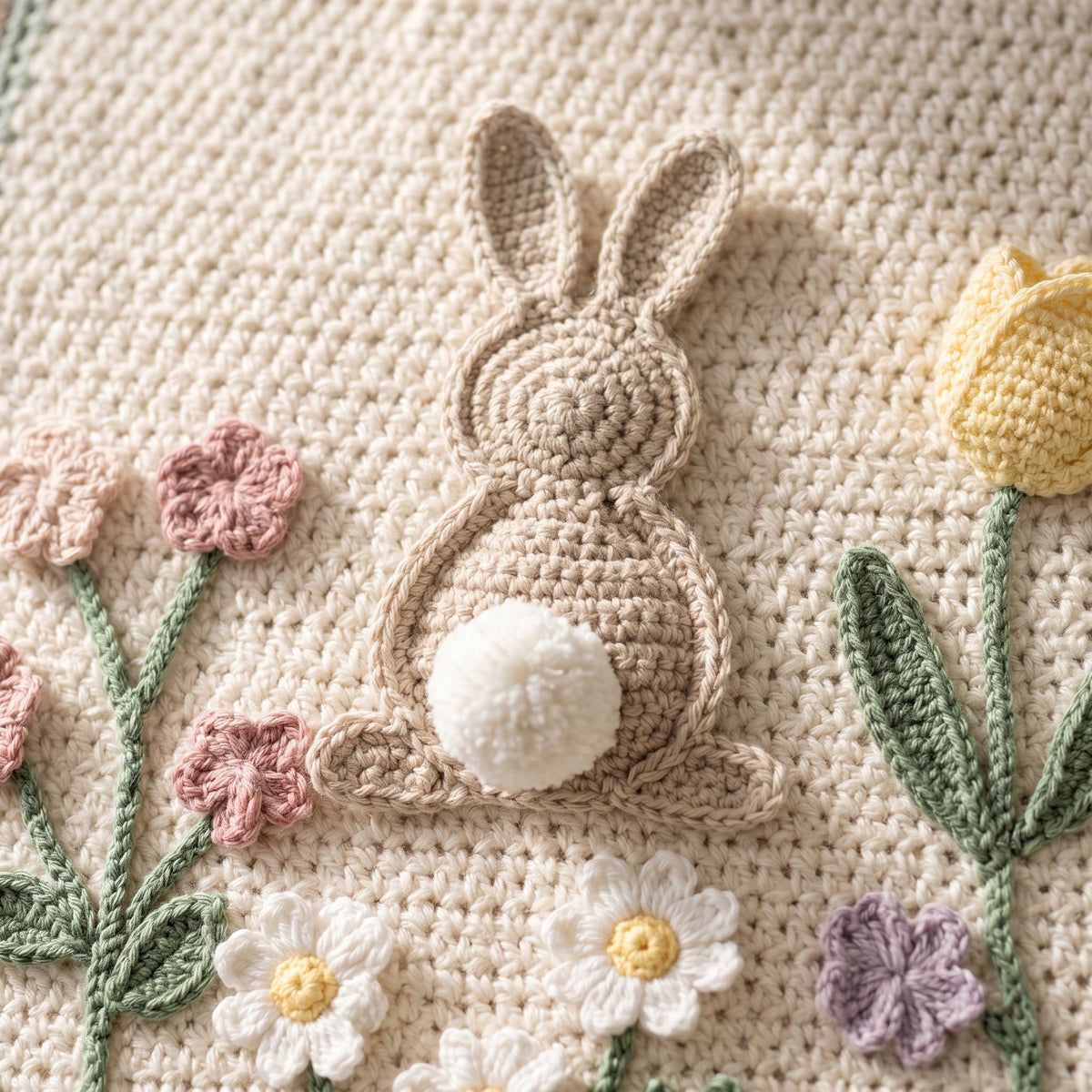 Bunny Baby Blanket Crochet Pattern PDF, 3D Bunnies and Flower Meadow Nursery Afghan, Easter Baby Shower Gift, Instant Download