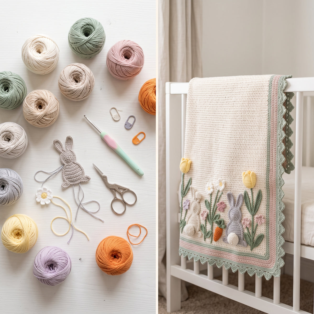 Bunny Baby Blanket Crochet Pattern PDF, 3D Bunnies and Flower Meadow Nursery Afghan, Easter Baby Shower Gift, Instant Download