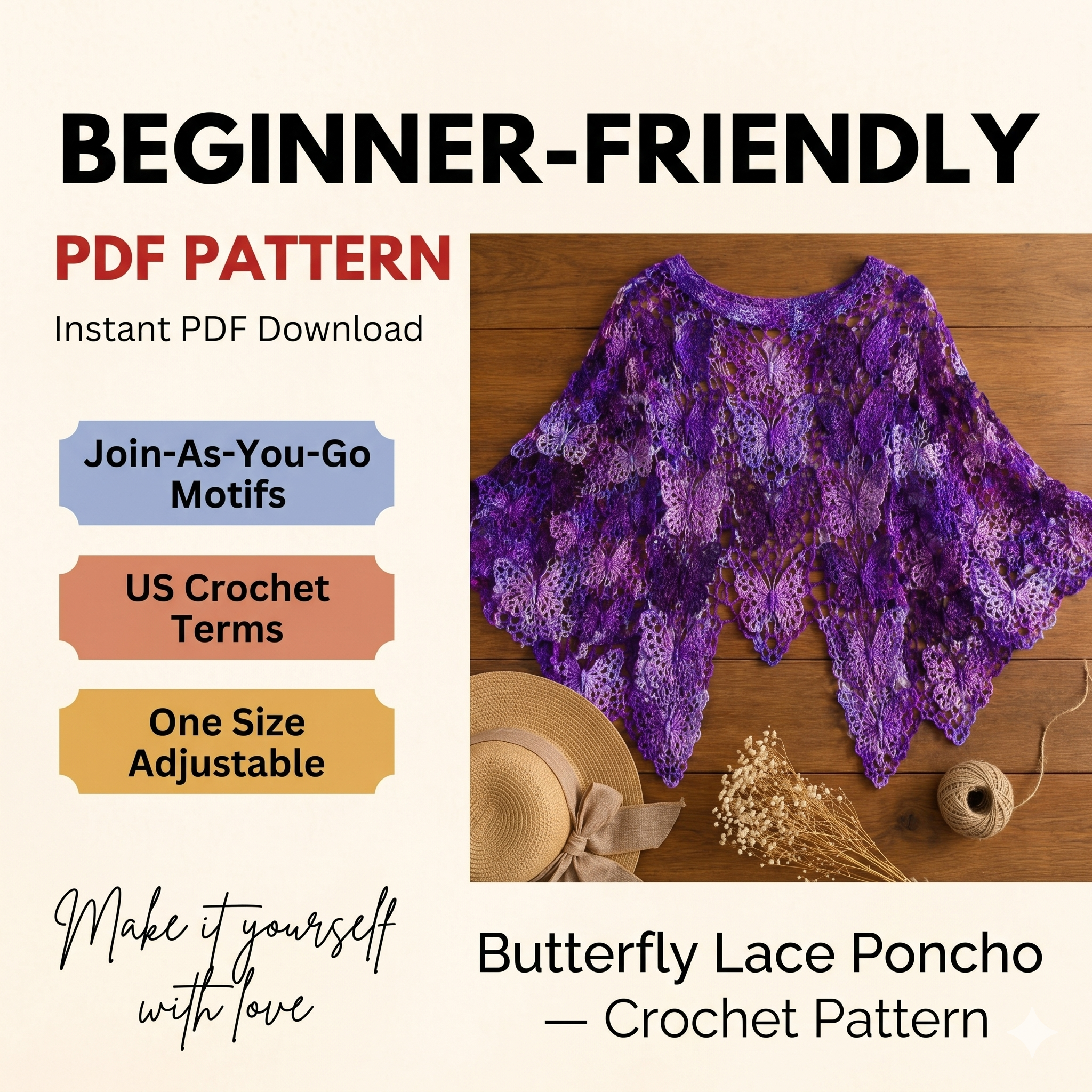 Butterfly Crochet Poncho Pattern PDF | Lace Poncho Crochet Sports Top/Cardigan Pattern Join As You Go Motif Poncho Beginner Friendly