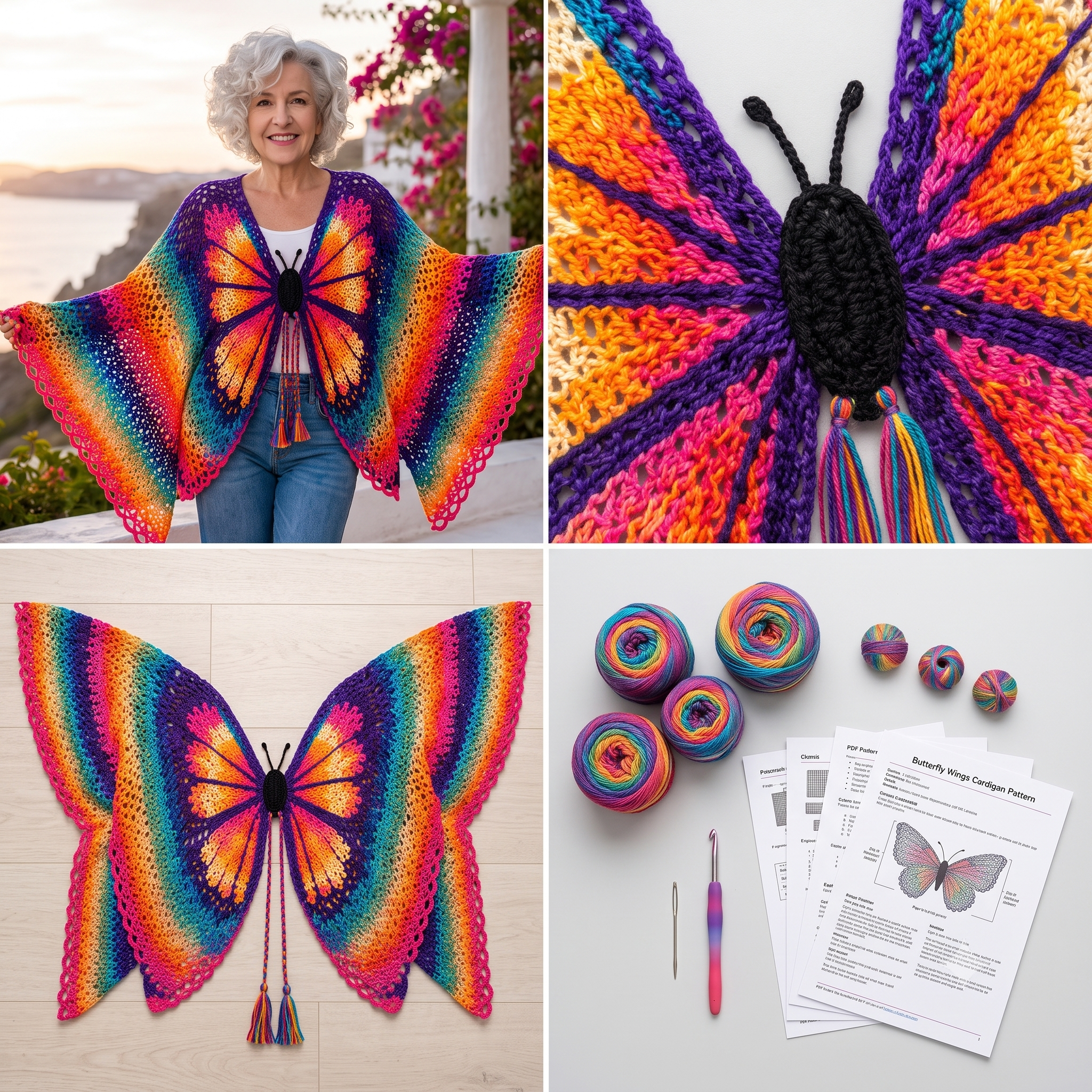 Butterfly Rainbow Wings Cardigan — Crochet Pattern (PDF) | Colorful Wing Cardigan