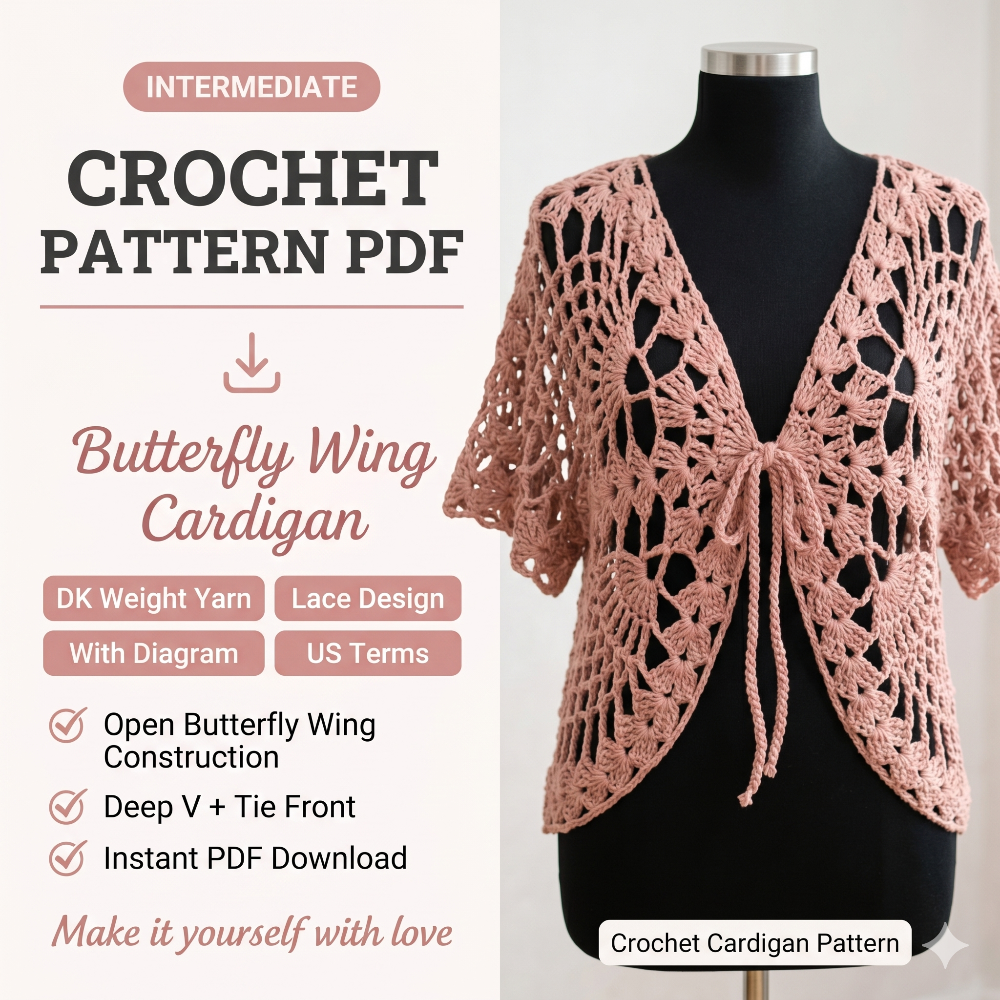 Butterfly Wing Cardigan Crochet Pattern – Lace Design (PDF Download, US Terms)