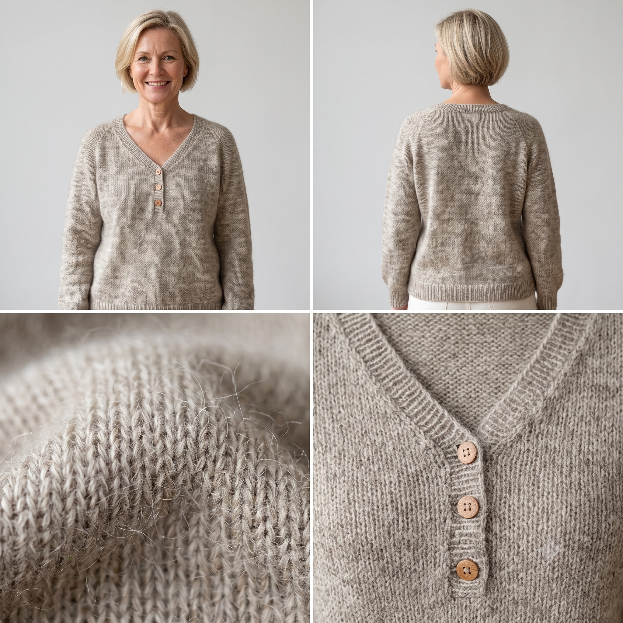 Buttoned V Neck Sweater Knitting Pattern PDF, Mohair Blend Jumper, Button Placket, Flat & In the Round, Intermediate, 10 Sizes