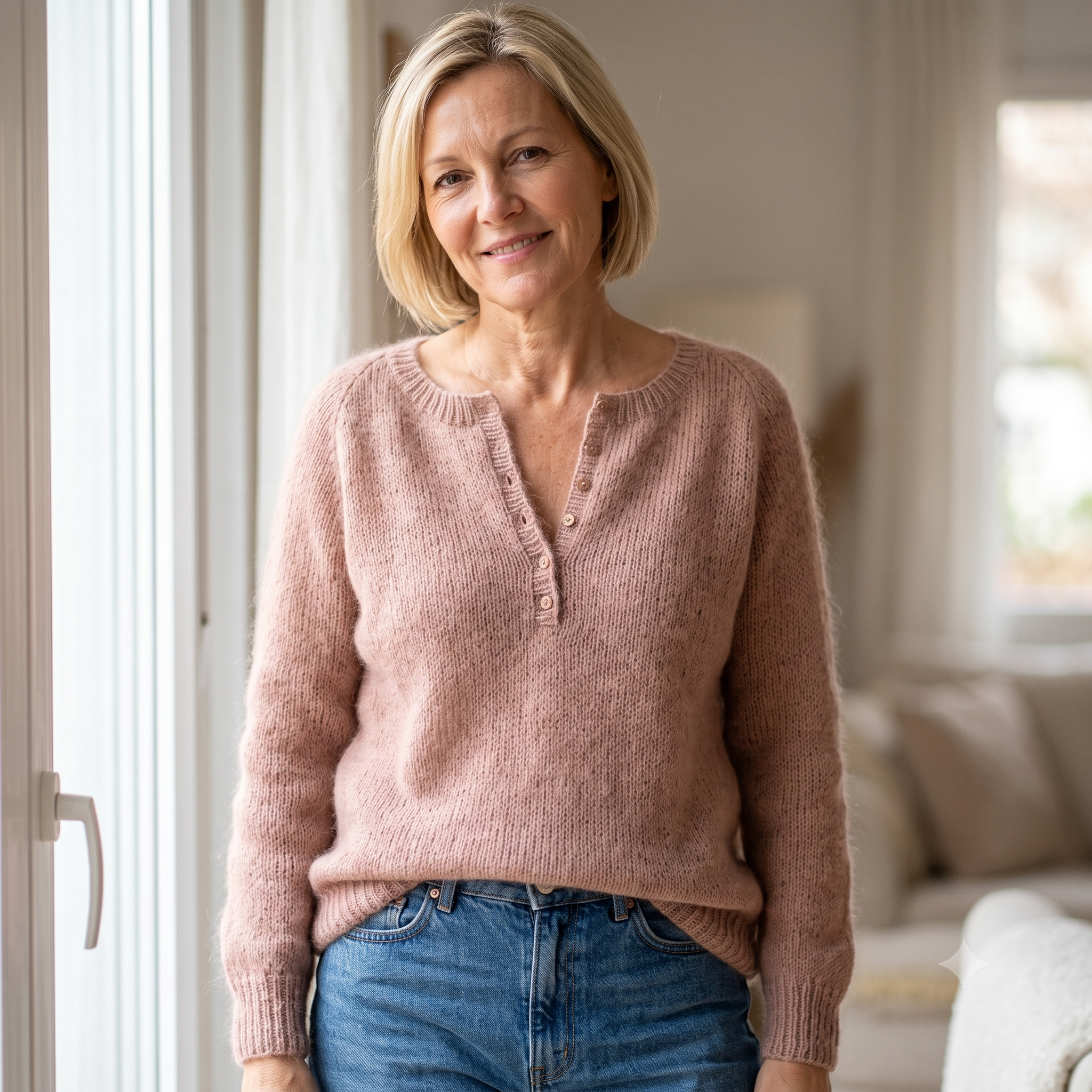 Buttoned V Neck Sweater Knitting Pattern PDF, Mohair Blend Jumper, Button Placket, Flat & In the Round, Intermediate, 10 Sizes