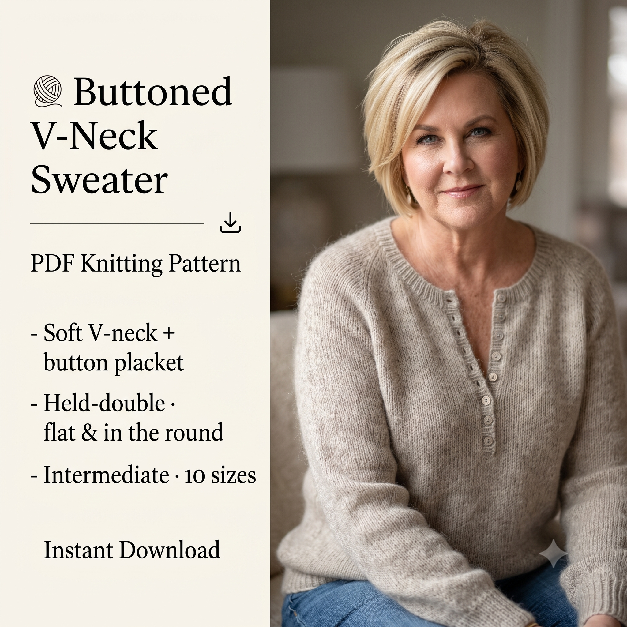 Buttoned V Neck Sweater Knitting Pattern PDF, Mohair Blend Jumper, Button Placket, Flat & In the Round, Intermediate, 10 Sizes