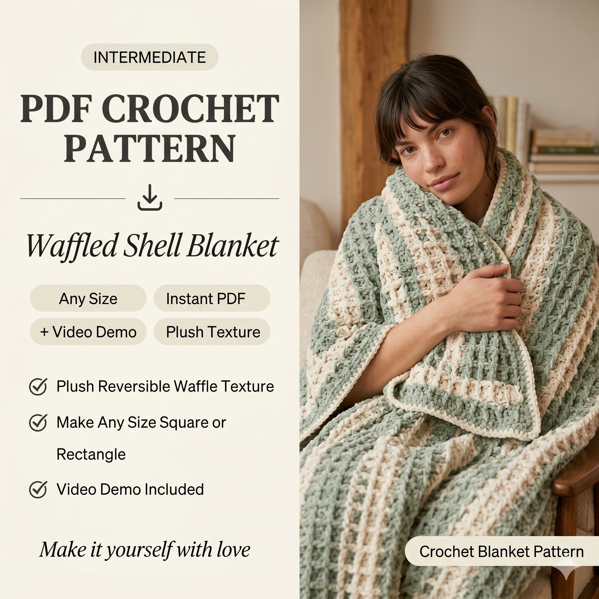 CROCHET PATTERN C2C Waffled Shell Stitch Blanket - Make Any Size Square or Rectangle - PDF Download