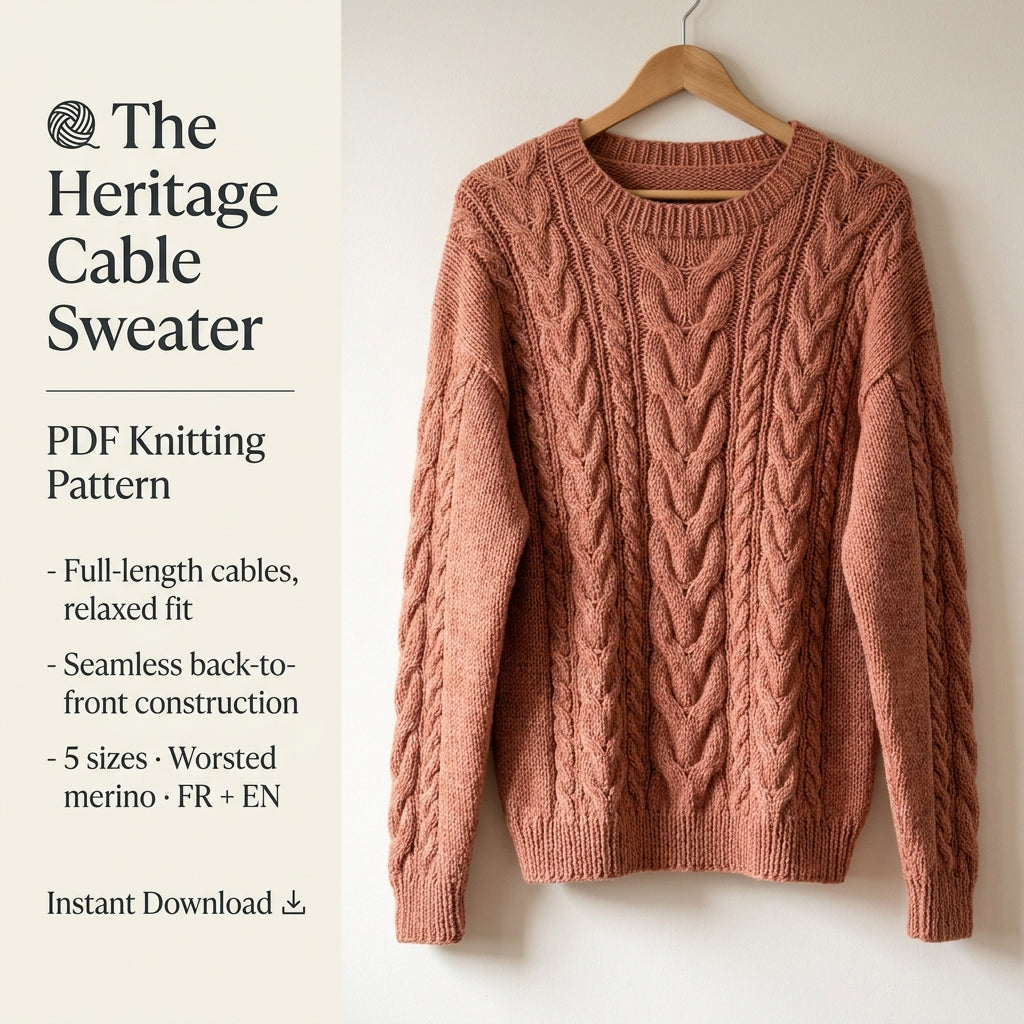 Cable Knit Sweater Pattern PDF | Oversized Merino Jumper 5 Sizes | Seamless Cable Pullover | Instant Download English and French
