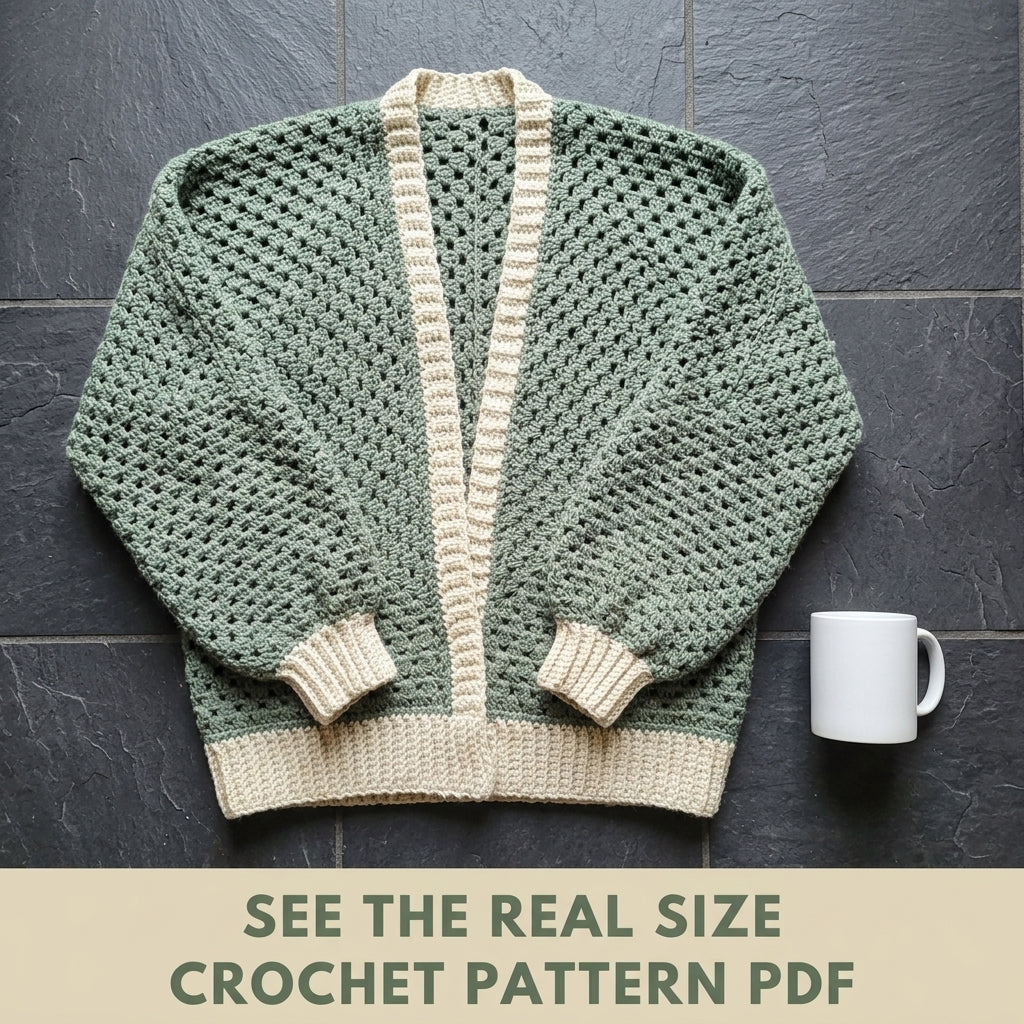 Sage Granny Stitch Cardigan Crochet Pattern PDF – Oversized Cardigan with Ribbed Band