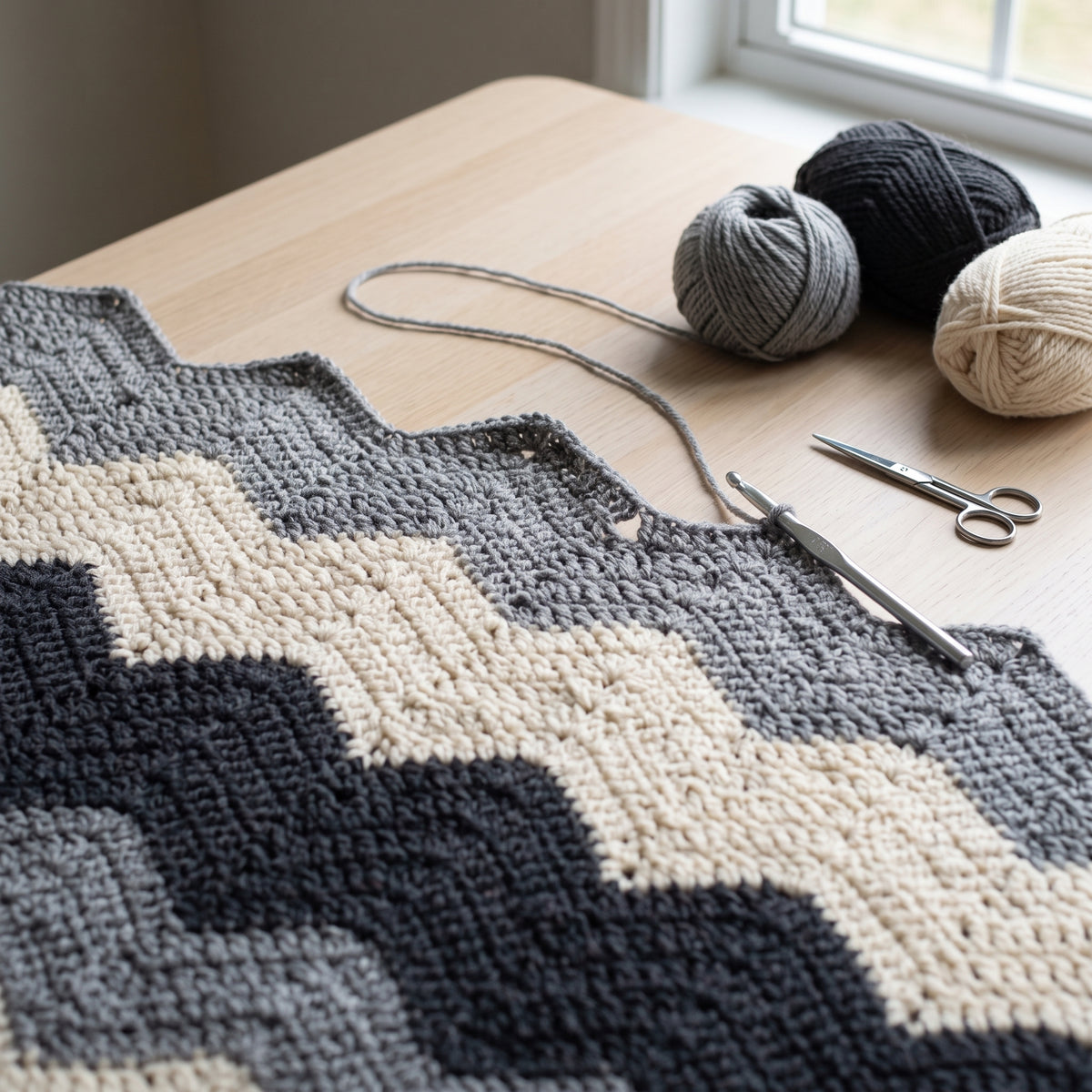 Chevron Ripple Blanket Crochet Pattern | Easy Chunky Throw in Neutral Greys | Beginner Friendly, Any Size | Instant Download PDF