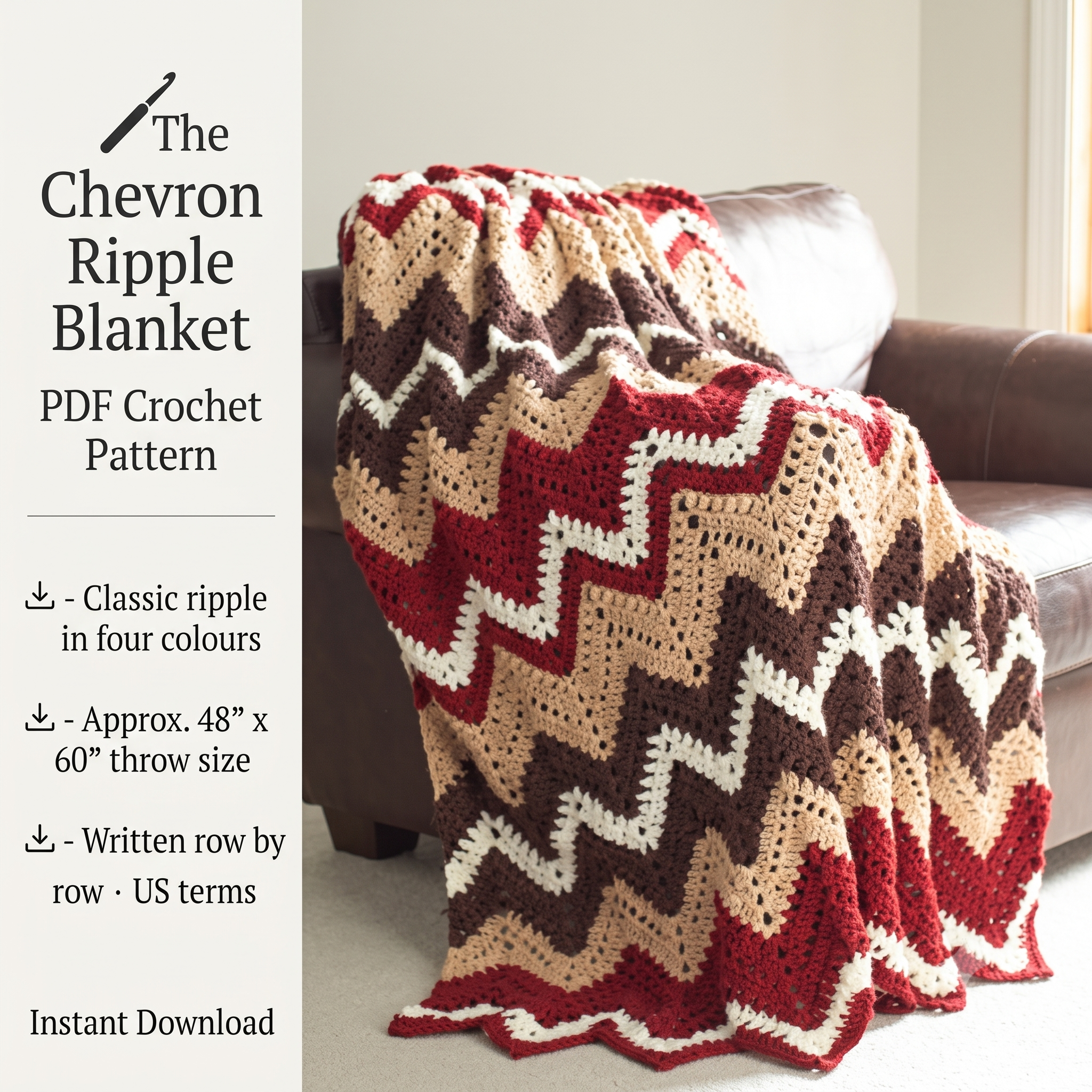 Chevron Ripple Blanket Crochet Pattern PDF, Zigzag Throw Blanket Pattern, Easy Striped Afghan Crochet Pattern, Instant Download