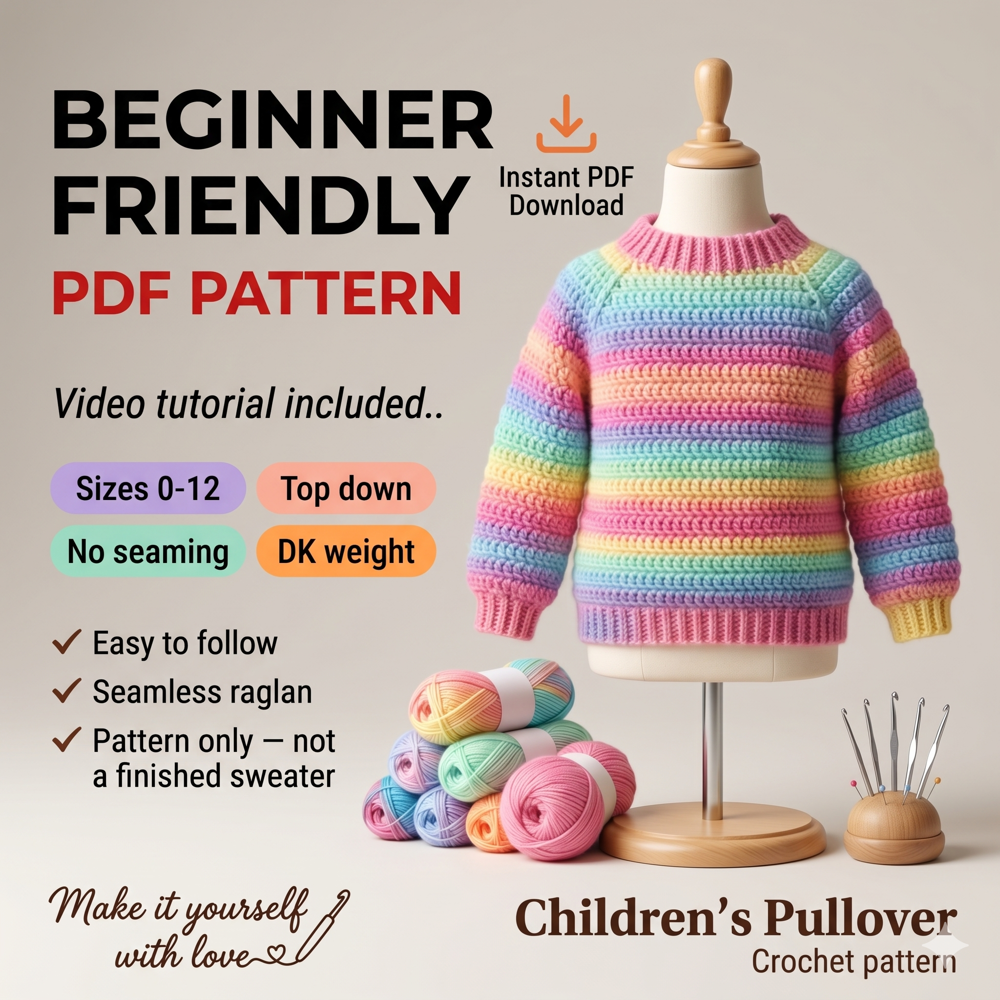 CROCHET PATTERN & VIDEO/ Athabasca Falls Children's Pullover, Easiest Children's Crochet Sweater, Easy Children's Pullover Pattern, Beginner