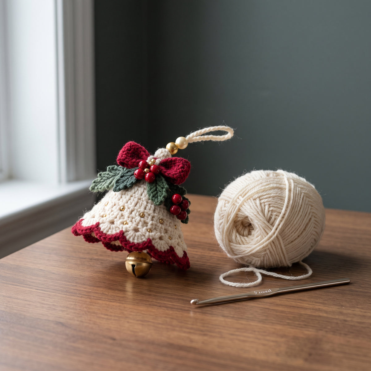 Christmas Bell Garland Crochet Pattern PDF, 5 Cream Bells with Poinsettias, Red Bows and Jingle Bells, Mantel Decor