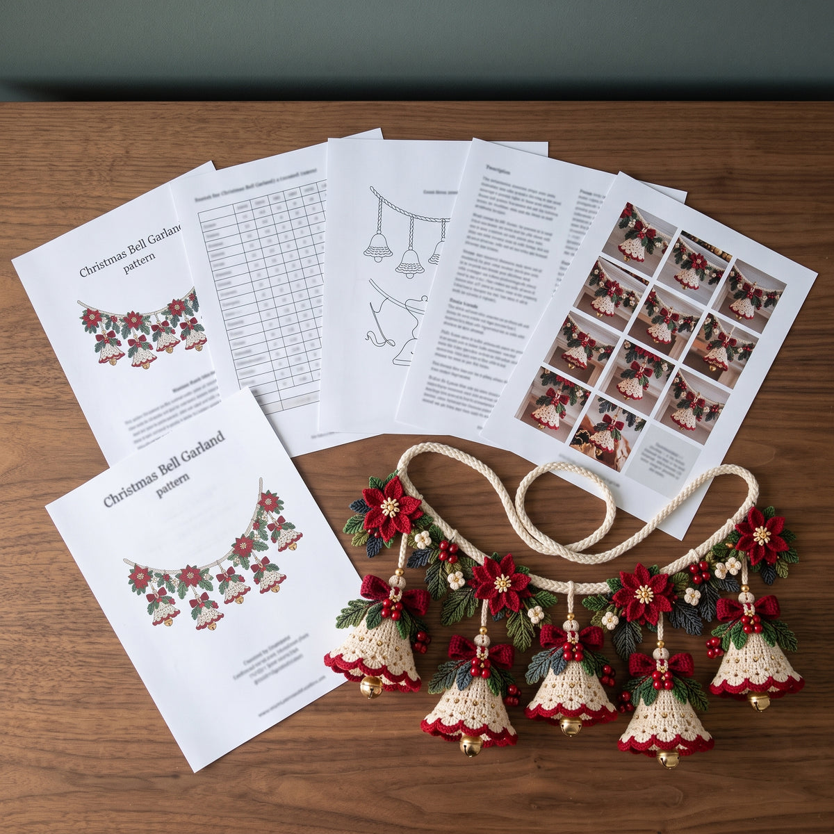 Christmas Bell Garland Crochet Pattern PDF, 5 Cream Bells with Poinsettias, Red Bows and Jingle Bells, Mantel Decor