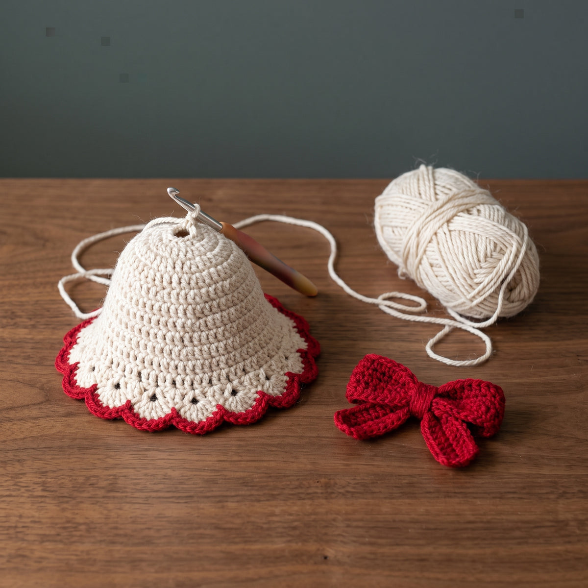 Christmas Bell Garland Crochet Pattern PDF, 5 Cream Bells with Poinsettias, Red Bows and Jingle Bells, Mantel Decor