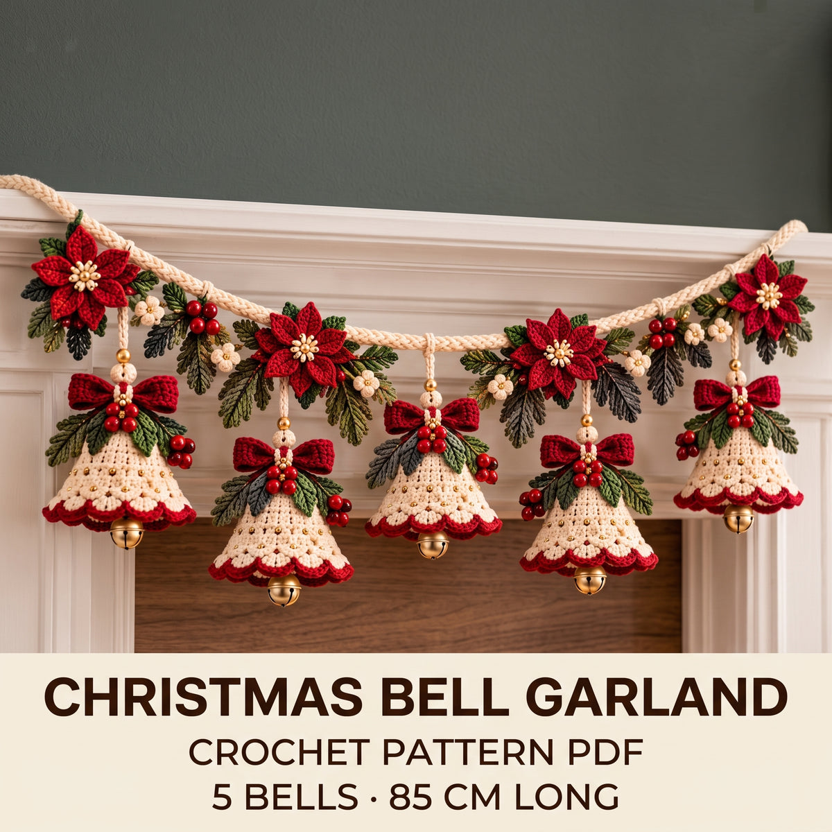 Christmas Bell Garland Crochet Pattern PDF, 5 Cream Bells with Poinsettias, Red Bows and Jingle Bells, Mantel Decor