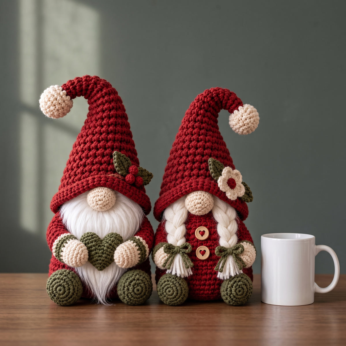 Christmas Gnome Couple Crochet Pattern PDF, Mr and Mrs Gnome Amigurumi, 12 inch Shelf Sitters, Holly, Braids and Heart