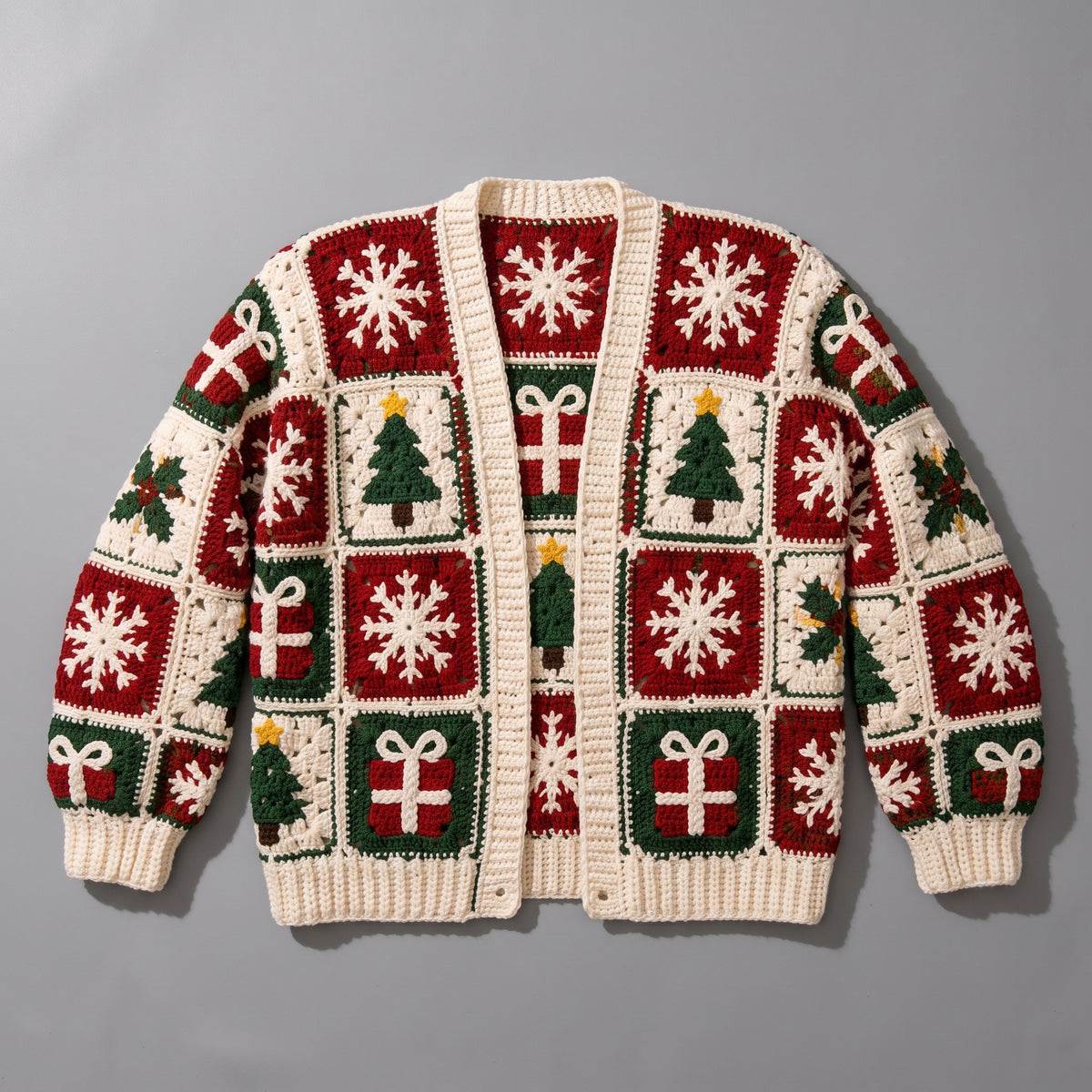 Christmas Granny Square Cardigan Crochet Pattern PDF | Tree, Snowflake & Present Motifs | Intermediate, US Terms