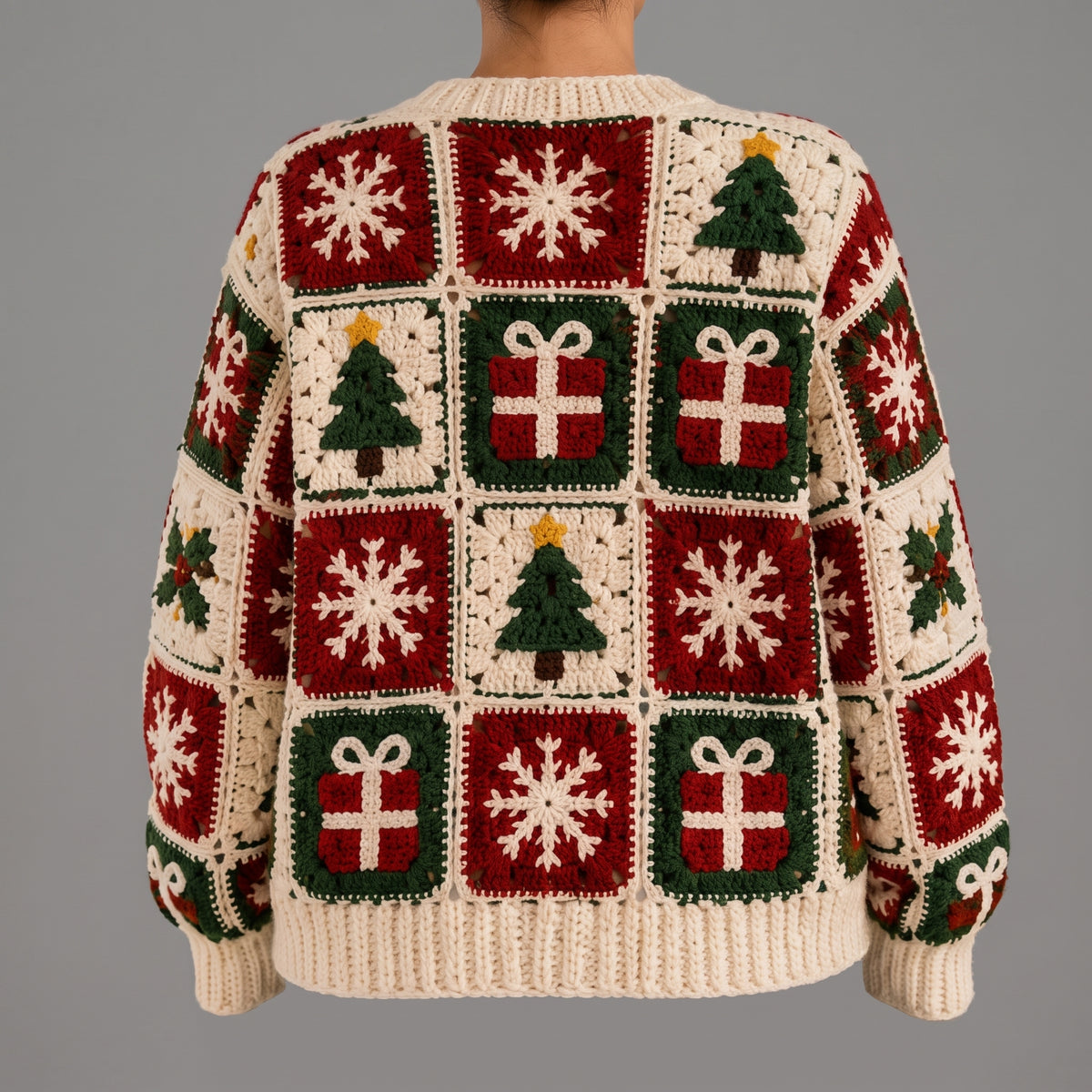 Christmas Granny Square Cardigan Crochet Pattern PDF | Tree, Snowflake & Present Motifs | Intermediate, US Terms