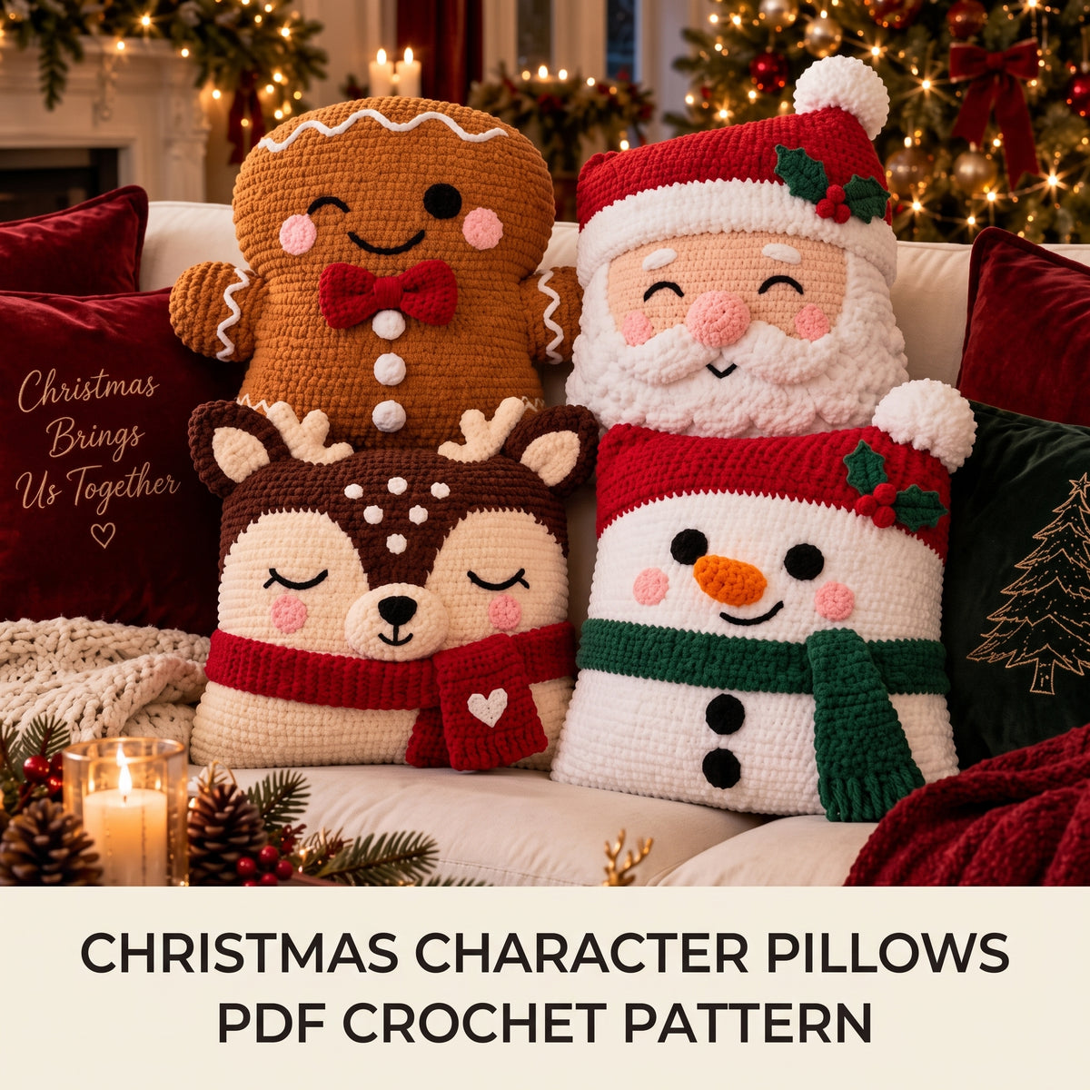 Christmas Pillow Crochet Pattern PDF | 4 Character Cushions โ Santa, Snowman, Gingerbread, Deer