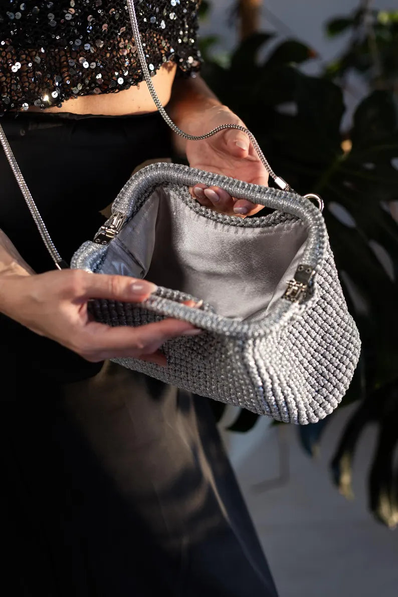 Shiny Crochet Clutch Pattern with Frame, Christmas Evening Bag PDF & Video Tutorial, DIY Sparkle Yarn Pouch, Crochet Clutch for New Year