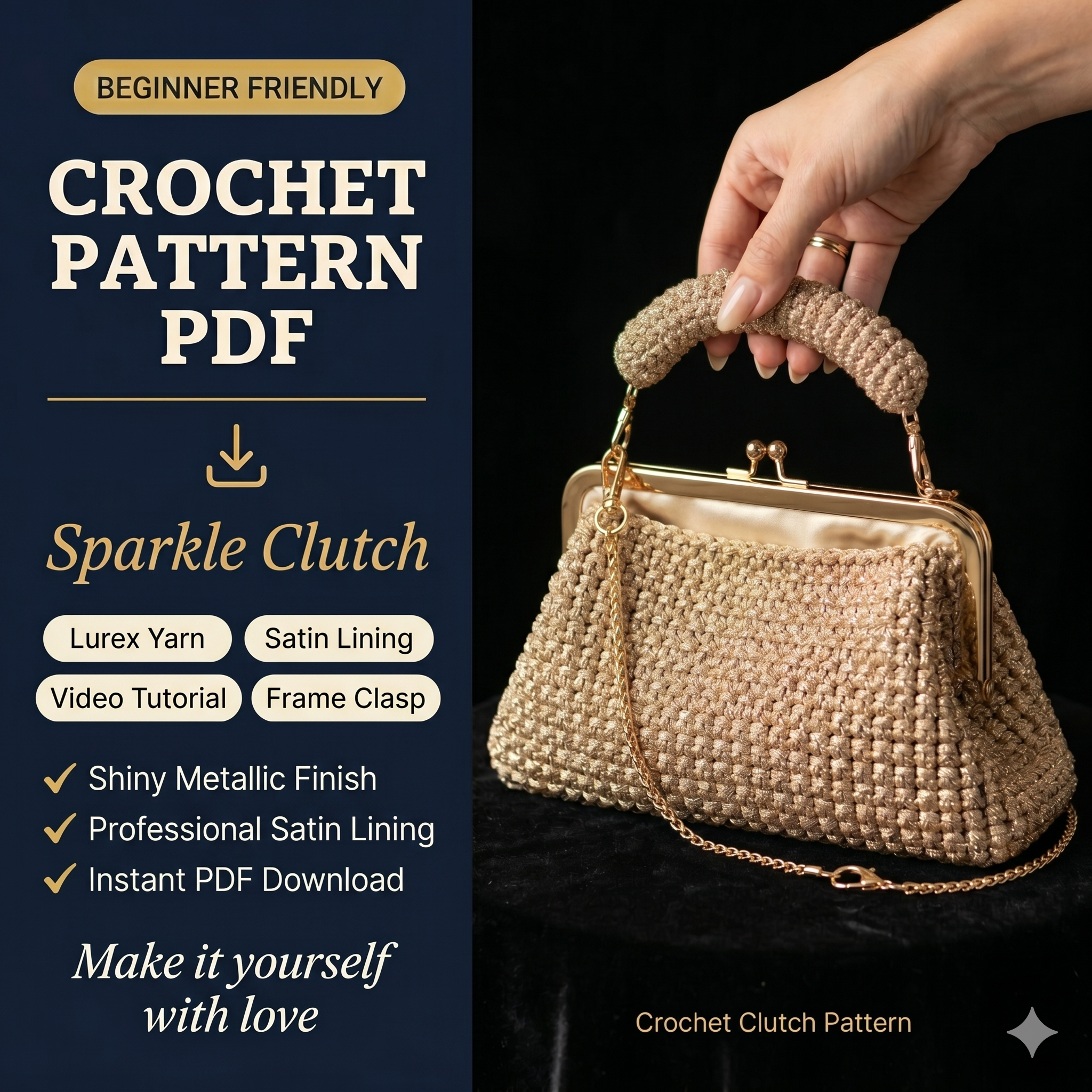 Shiny Crochet Clutch Pattern with Frame, Christmas Evening Bag PDF & Video Tutorial, DIY Sparkle Yarn Pouch, Crochet Clutch for New Year