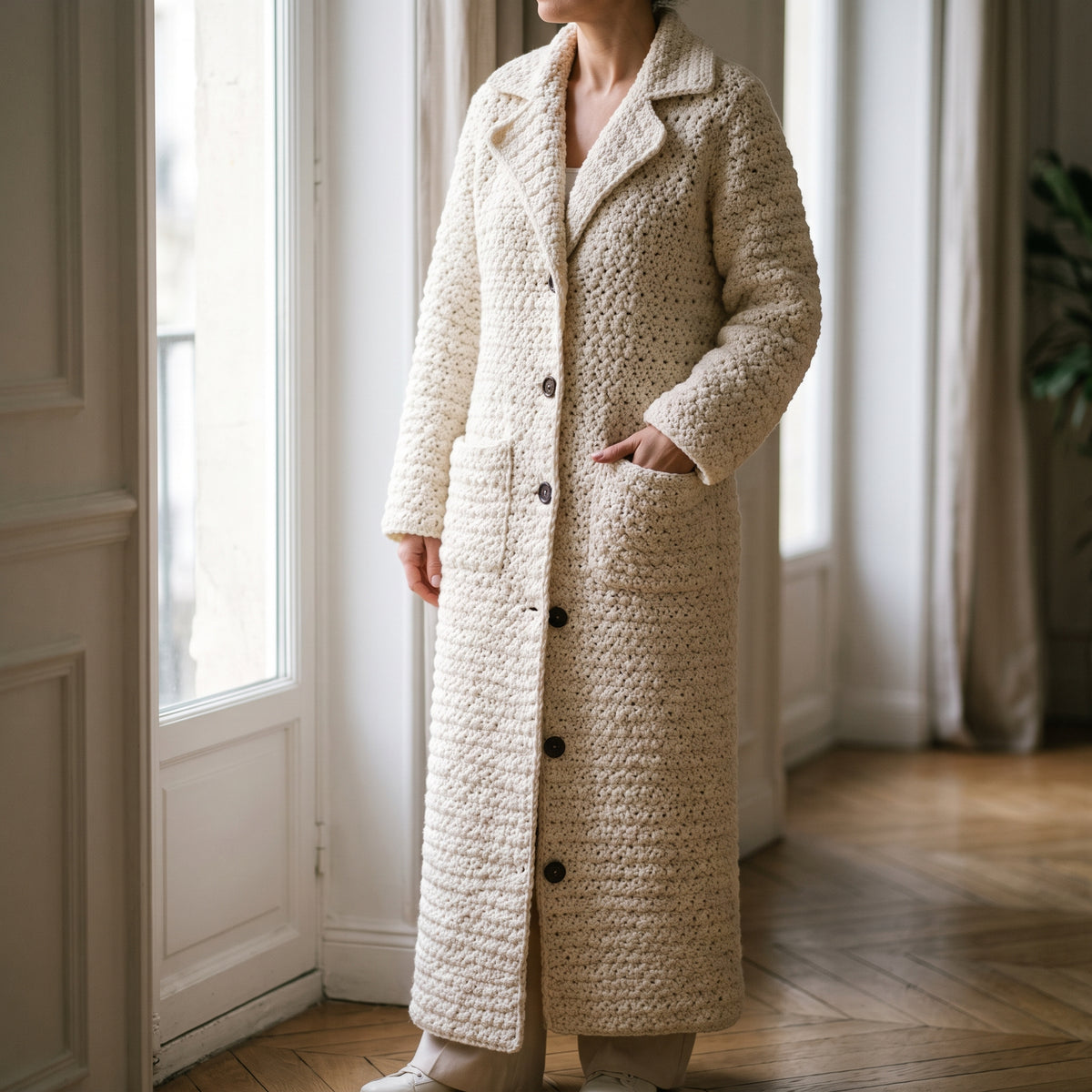 Crochet Coat Pattern PDF, Long Textured Crochet Coat with Collar, Pockets and Buttons, Sizes S to 2XL, Worsted Weight