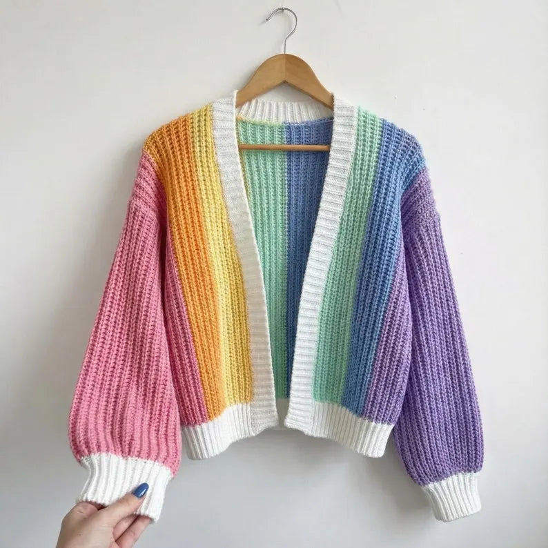 Colorful Crochet Cardigan PDF Pattern, Striped Pullover Jacket Tutorial, Beginner Knit-Look Guide, Instant Digital Download DIY
