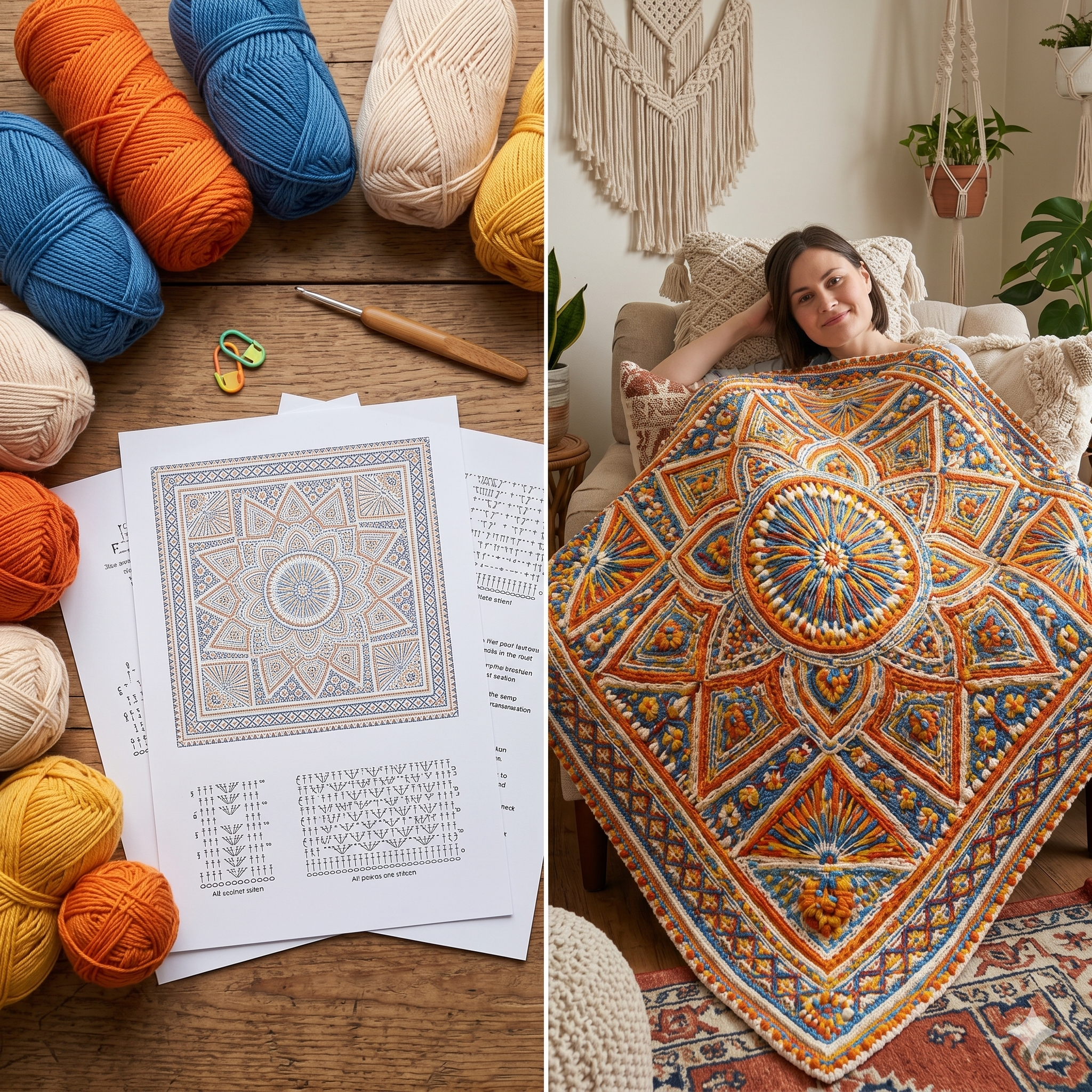 Handmade Boho Mandala Crochet Blanket Pattern, Colorful Geometric Afghan Rug, DIY Textured Throw PDF