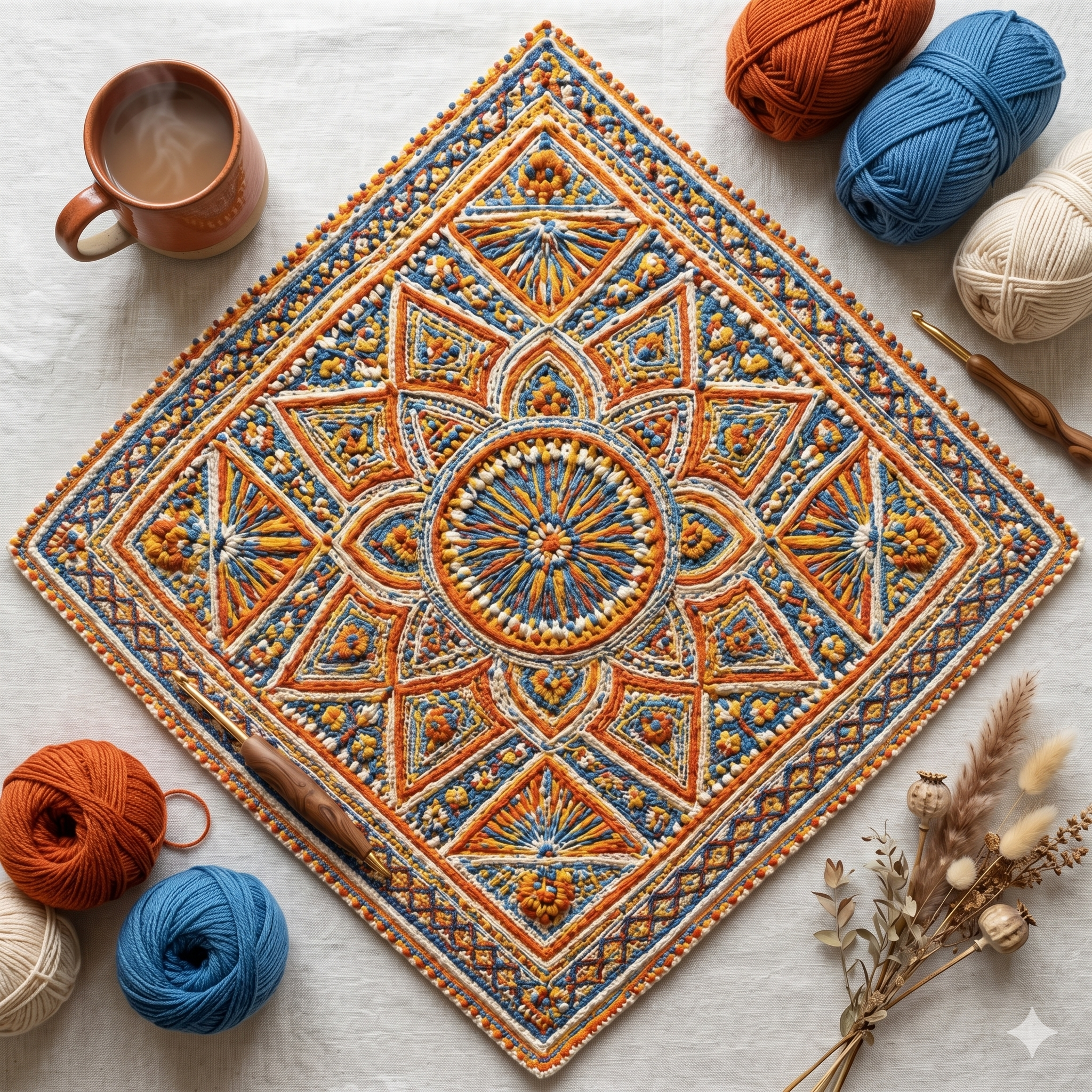 Handmade Boho Mandala Crochet Blanket Pattern, Colorful Geometric Afghan Rug, DIY Textured Throw PDF