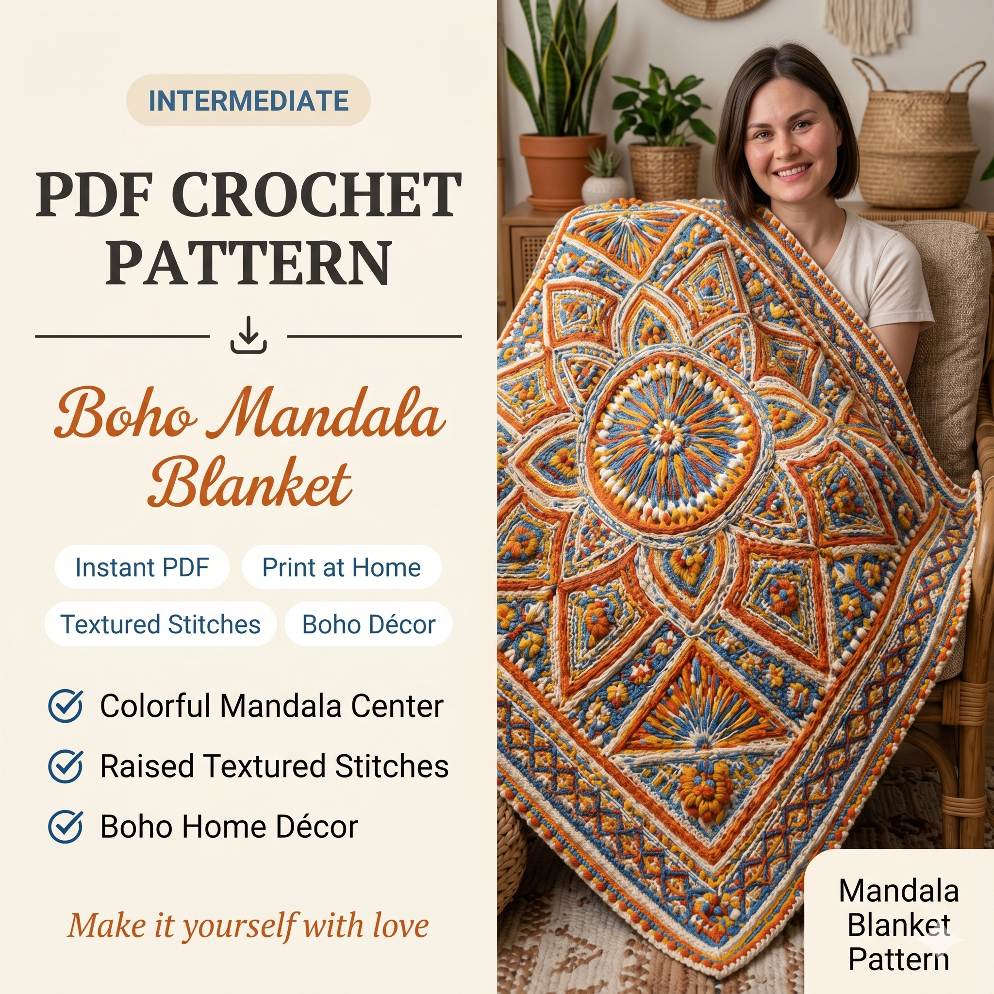 Handmade Boho Mandala Crochet Blanket Pattern, Colorful Geometric Afghan Rug, DIY Textured Throw PDF